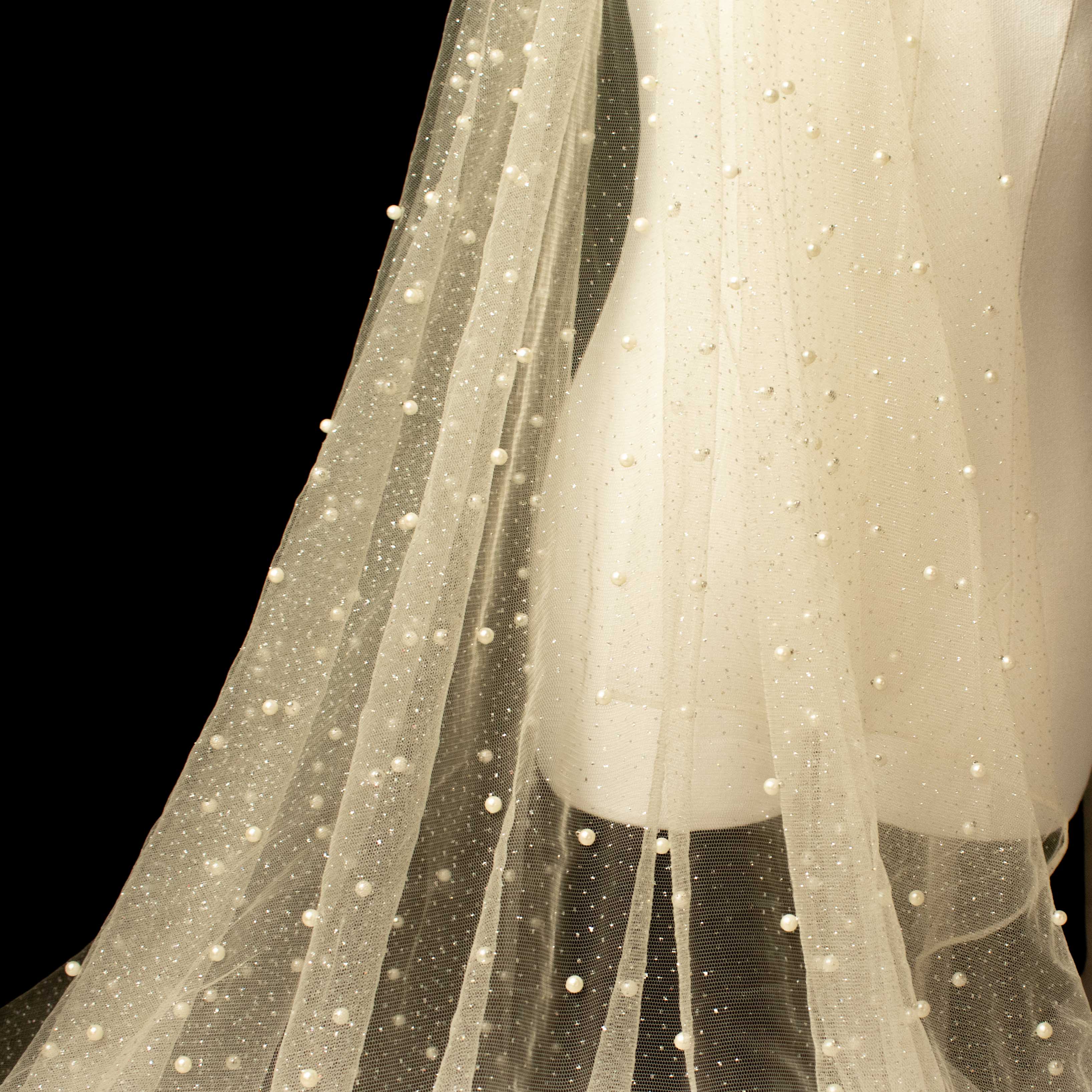 Glitter Tulle Pearl Netting Cream Silver