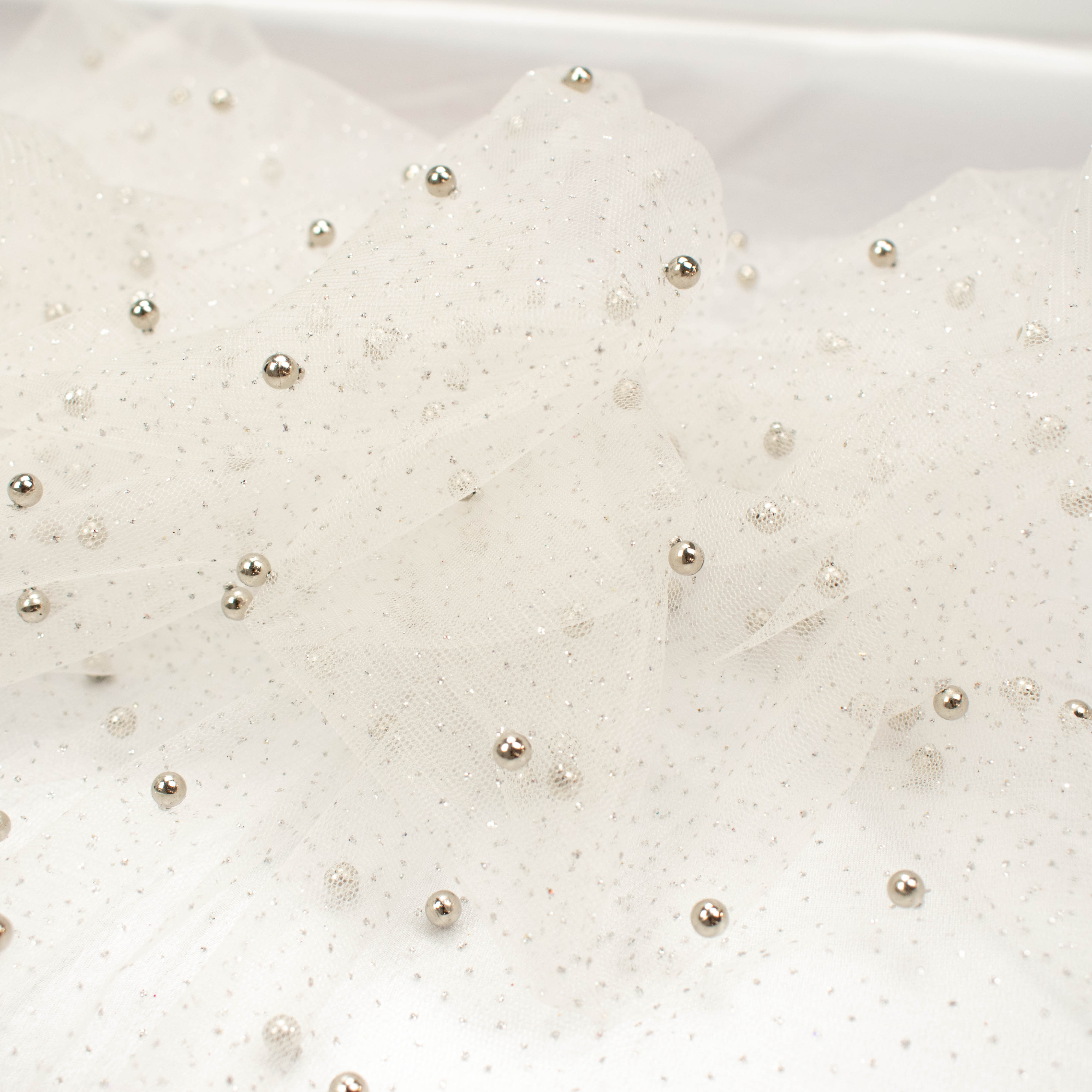 Glitter Tulle Pearl Netting White Silver