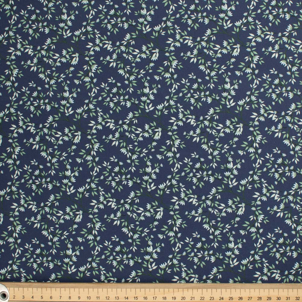 Petite Studio Blue Collection #05 Small Green Floral Vines on Dark Blue Cotton Prints