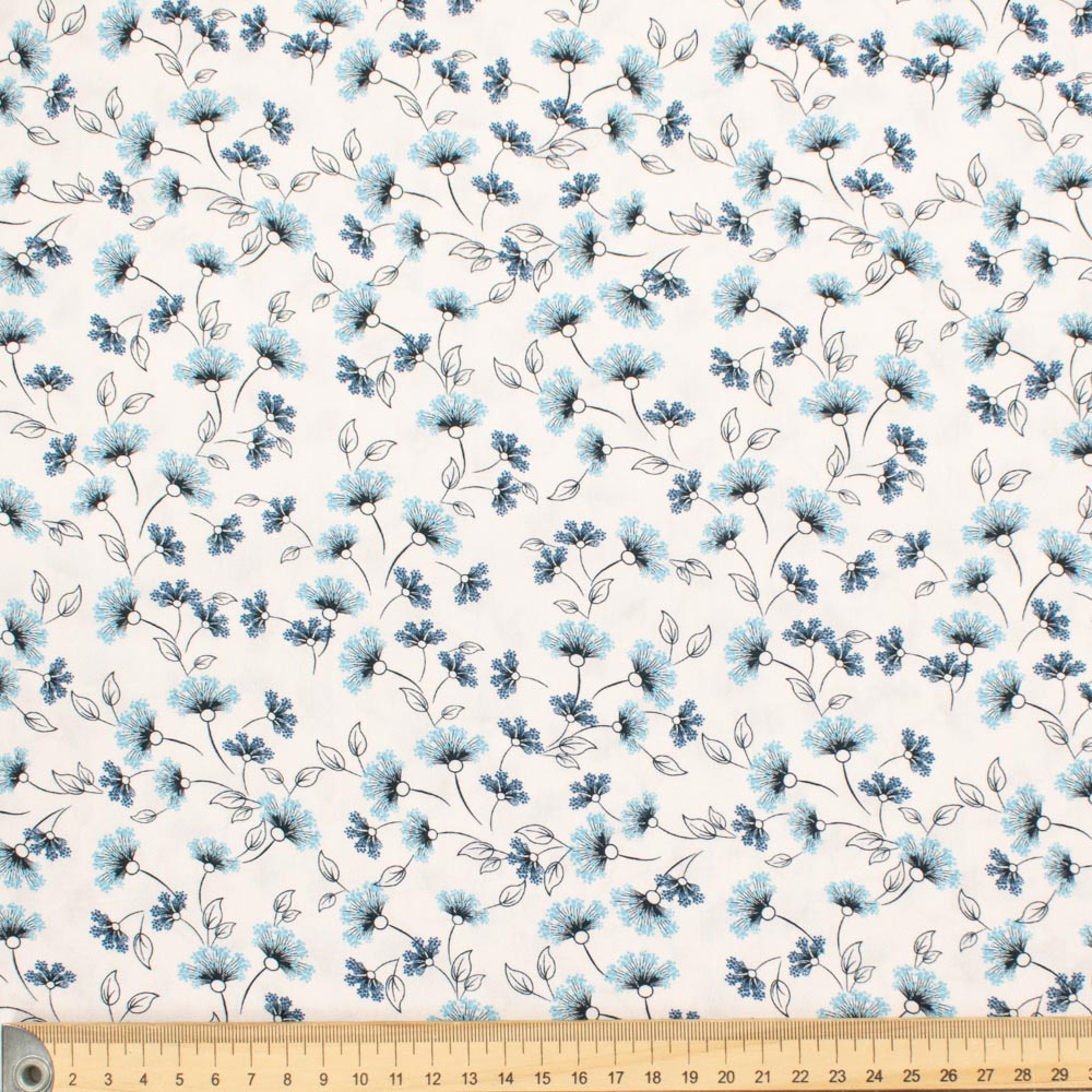 Petite Studio Blue Collection #12 Light Blue Dandelion Floral on White Cotton Prints