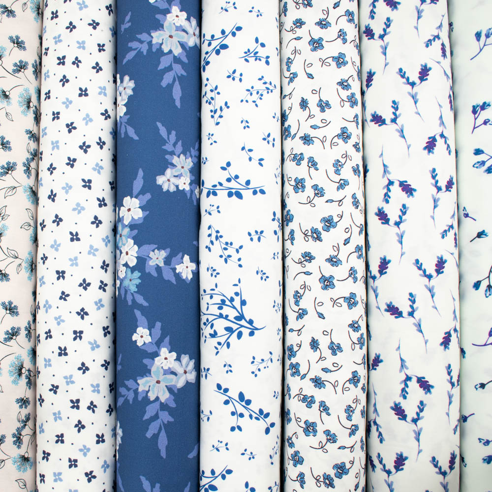 Petite Studio Blue Collection #12 Light Blue Dandelion Floral on White Cotton Prints