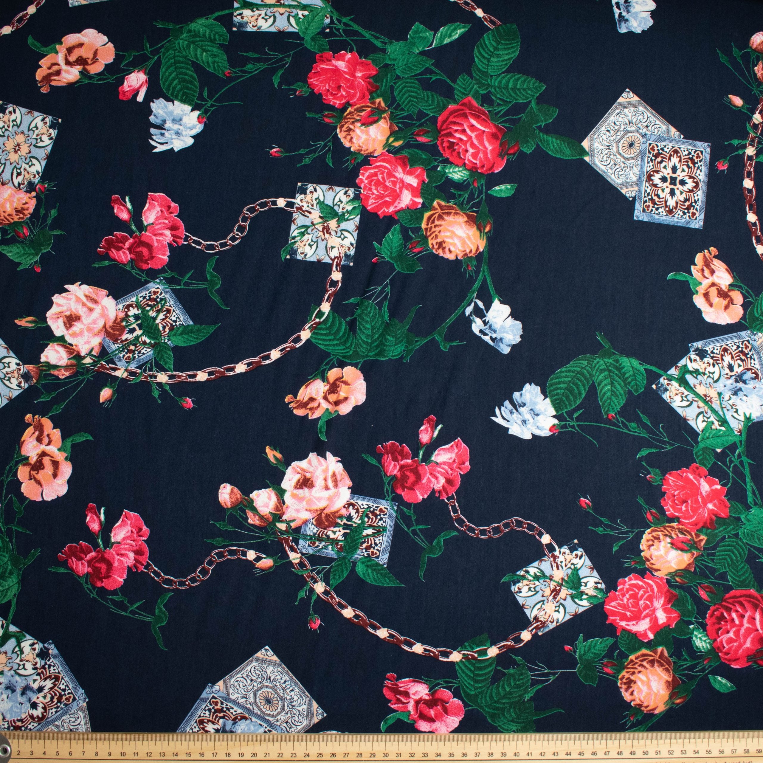 Printed Rayon Design-29 Red Flower Vines & Chain