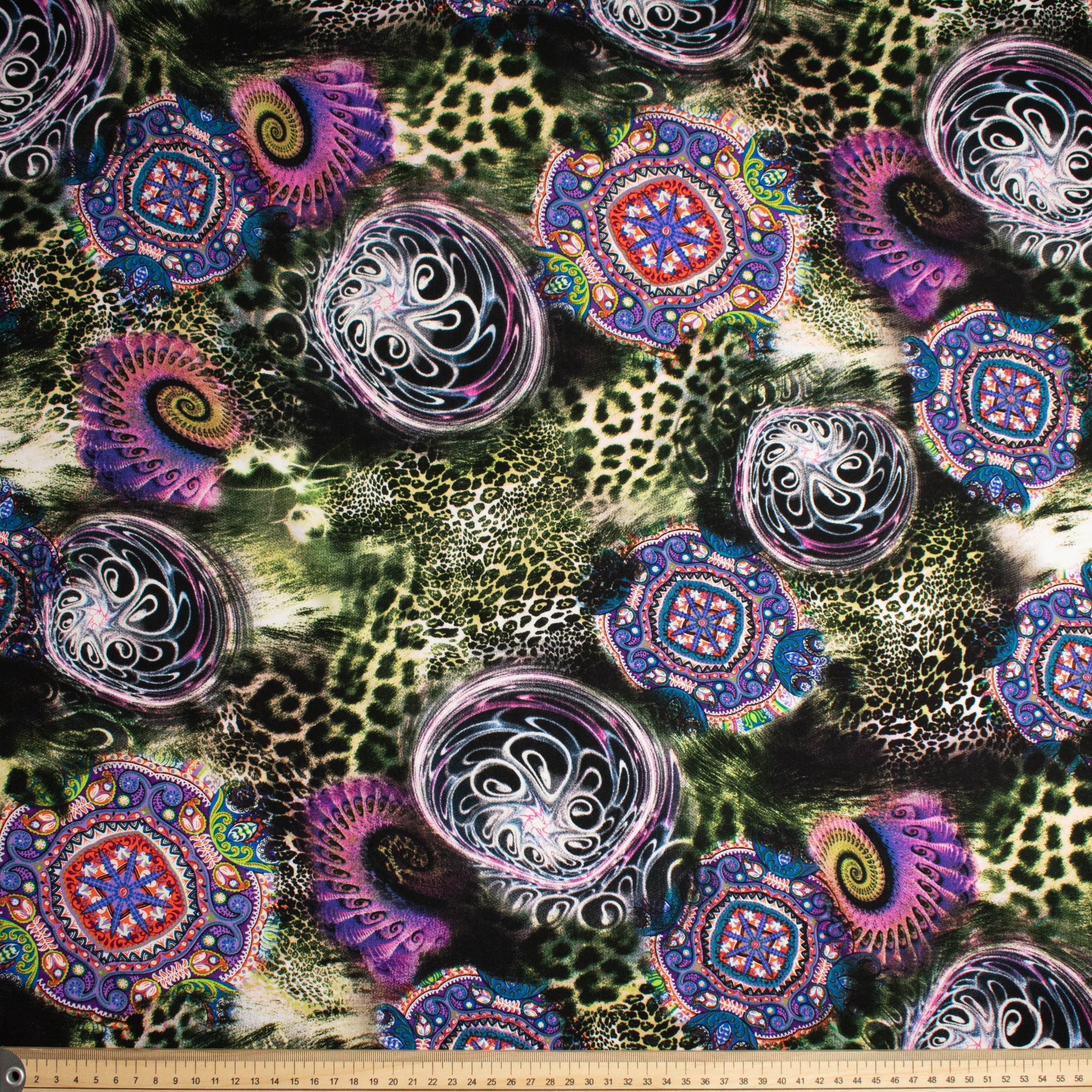 Printed Rayon Design-45 Purple Abstract Circles on Black Leopard