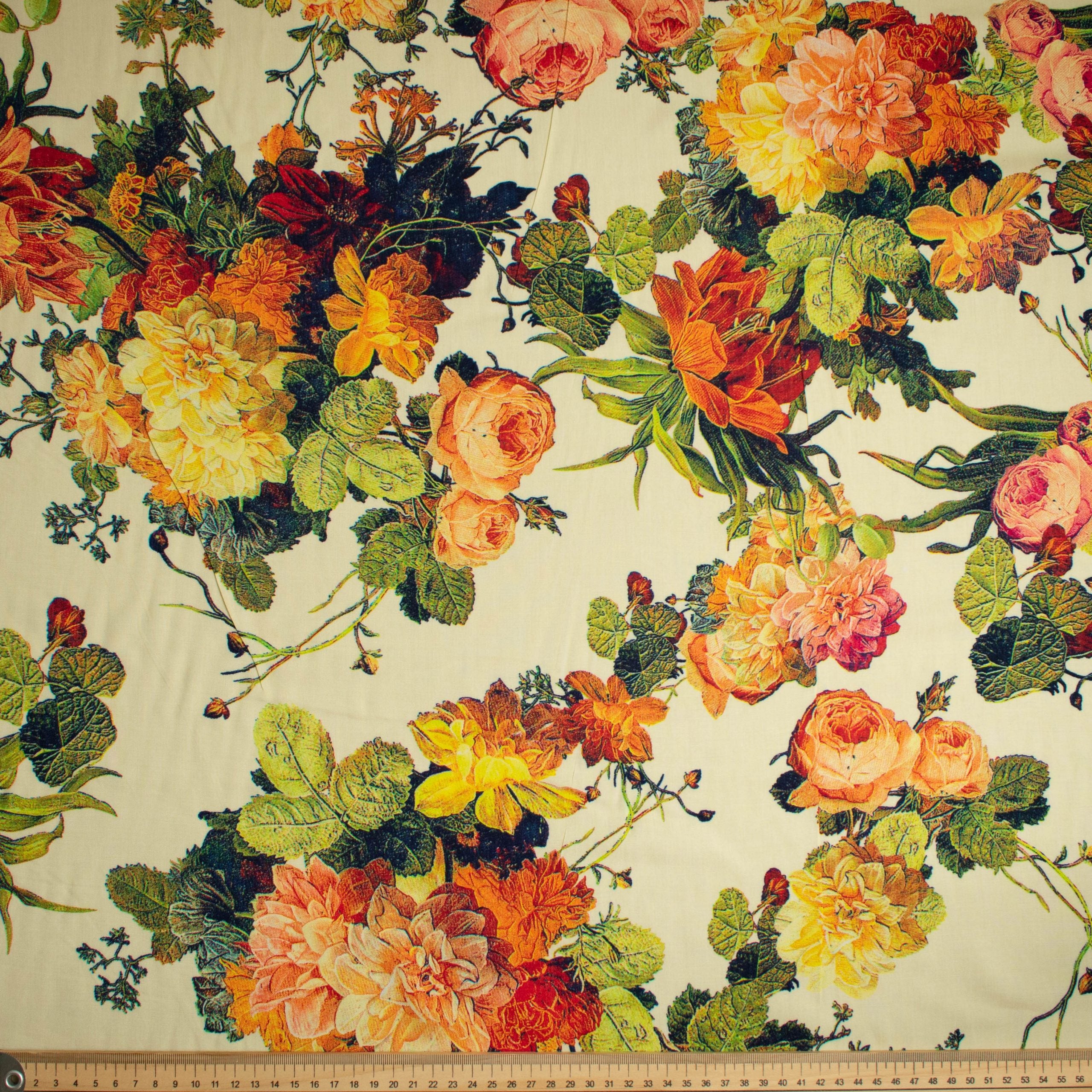 Printed Rayon Design-57 Vintage Orange Flowers on Cream