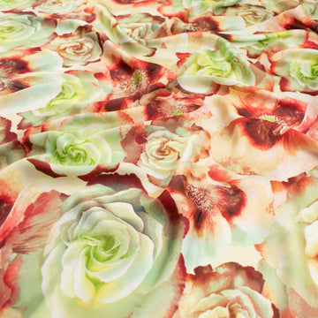 Printed Peach Satin Design-393 Green & Red Floral Bloom