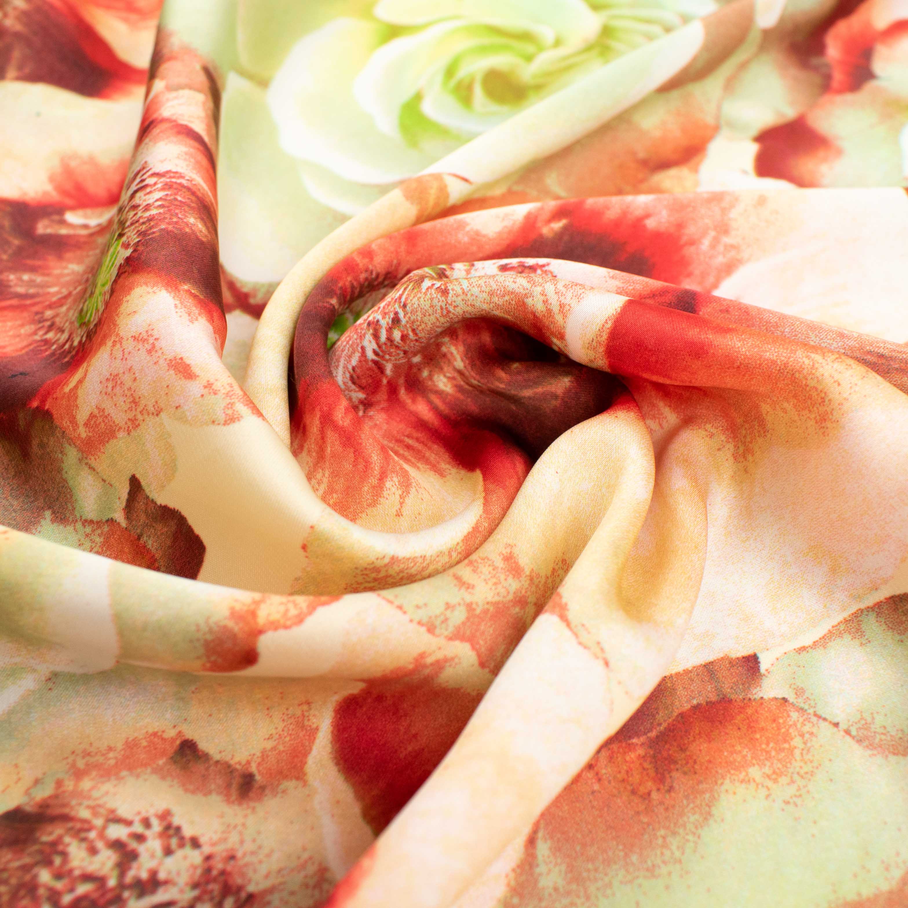 Printed Peach Satin Design-393 Green & Red Floral Bloom