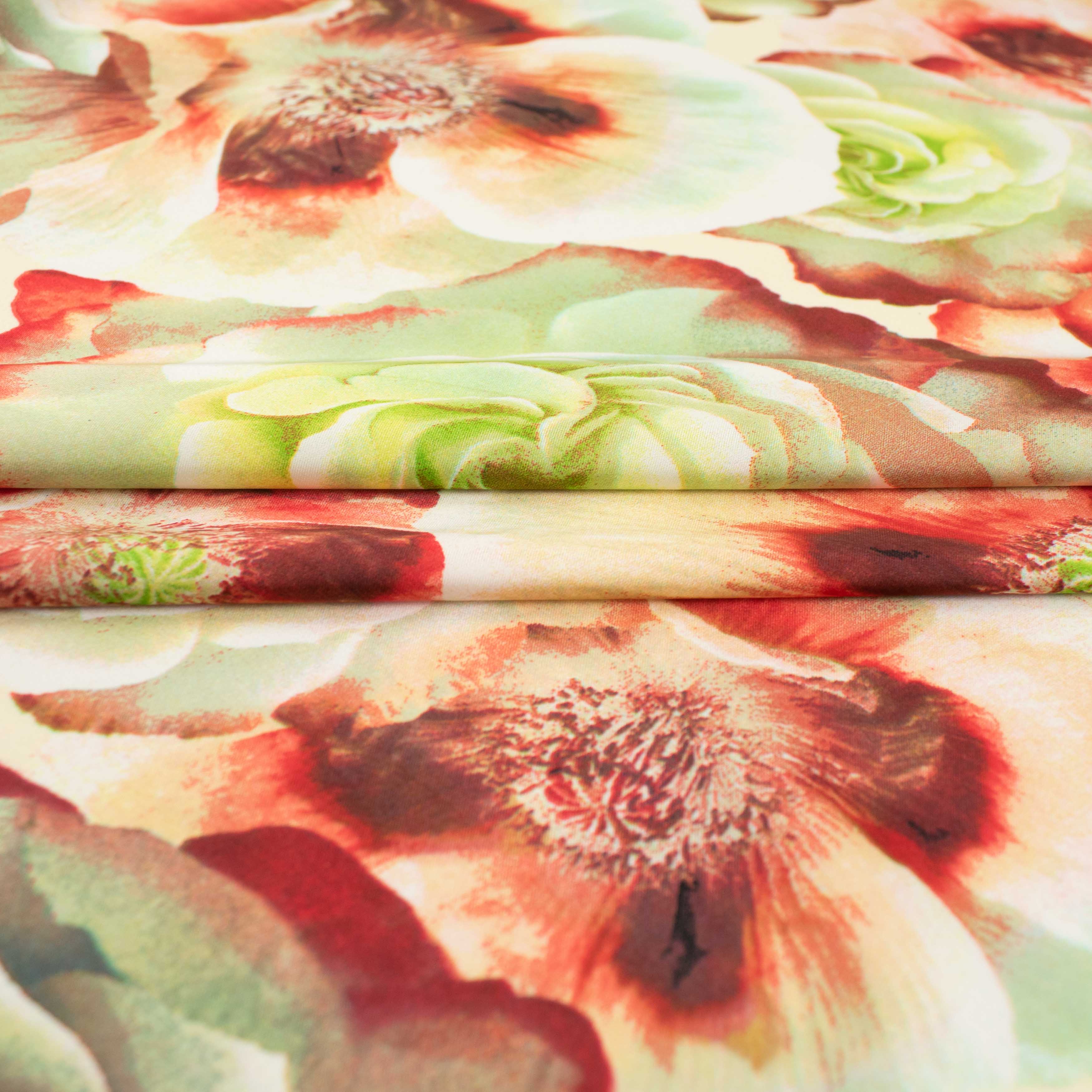 Printed Peach Satin Design-393 Green & Red Floral Bloom