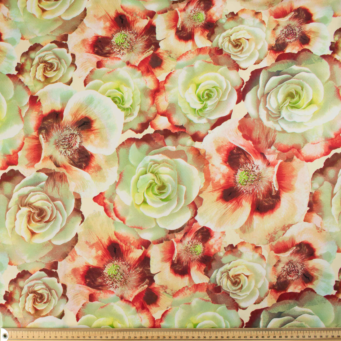Printed Peach Satin Design-393 Green & Red Floral Bloom