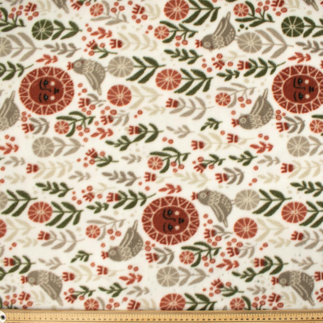 Maroon Sun, Flowers & Grey Birds on White Printed Polar Fleece DSN #14