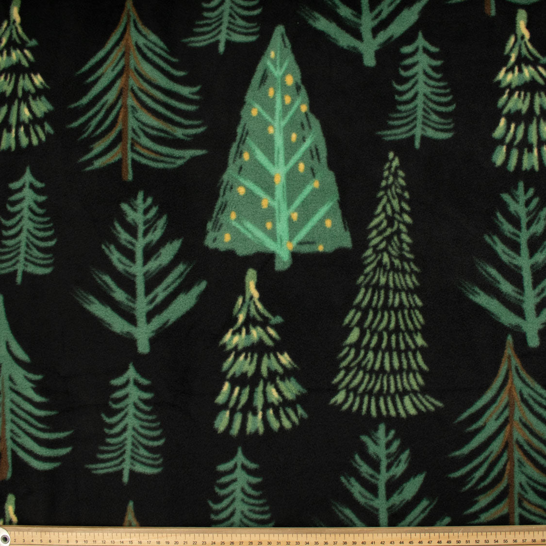 Green Pines Trees on Black Printed Polar Fleece DSN #22