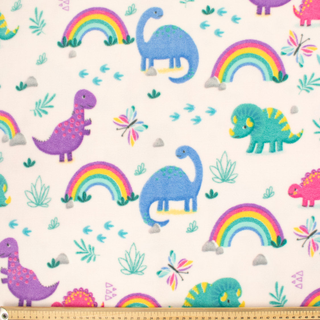 Multi Colour Dinosaurs, Butterfly & Rainbows on Ivory Printed Polar Fleece DSN #29