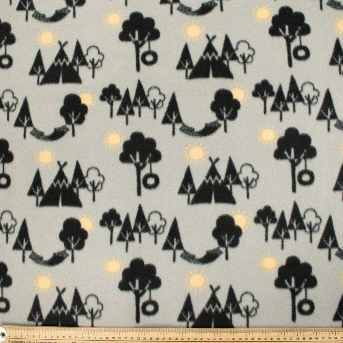 Black Camping Tents & Hammocks on Grey Printed Polar Fleece DSN #34