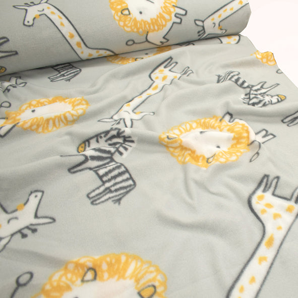 Lions, Giraffe & Zebra on Grey Printed Polar Fleece DSN #4