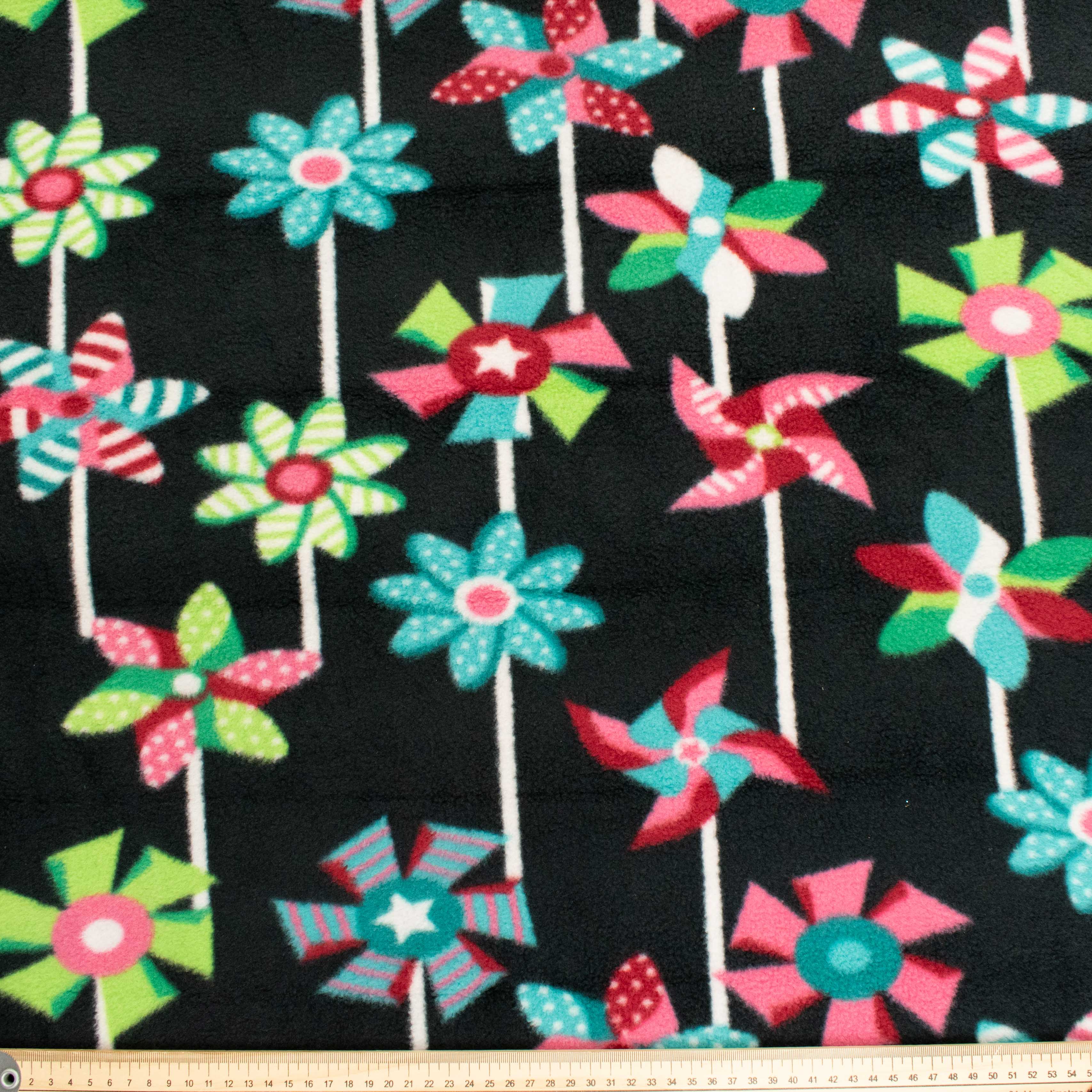 Multi Colour Windmills on Black Printed Polar Fleece Design-A30