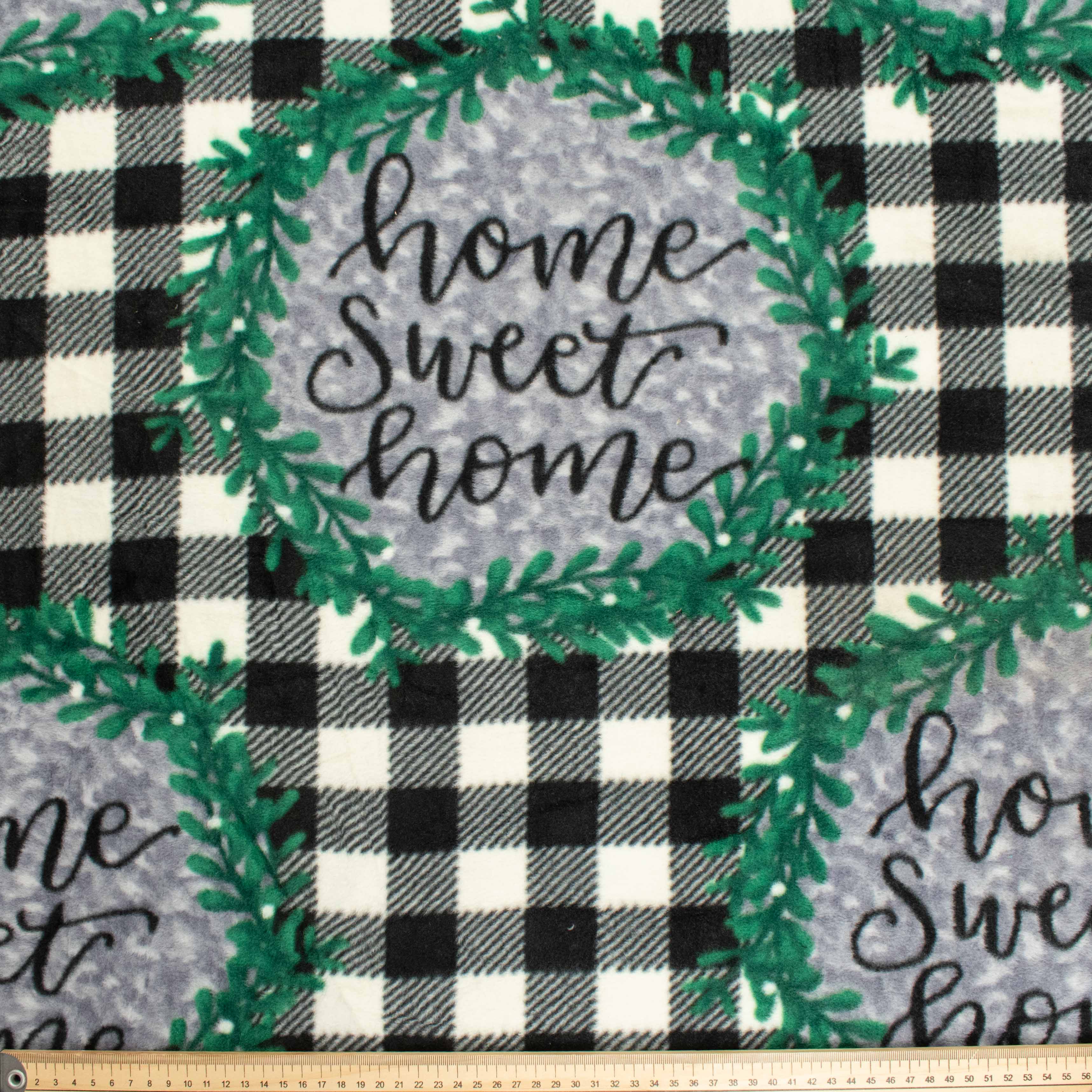 Home Sweet Home Vines on Black Checks Printed Polar Fleece Design-A32