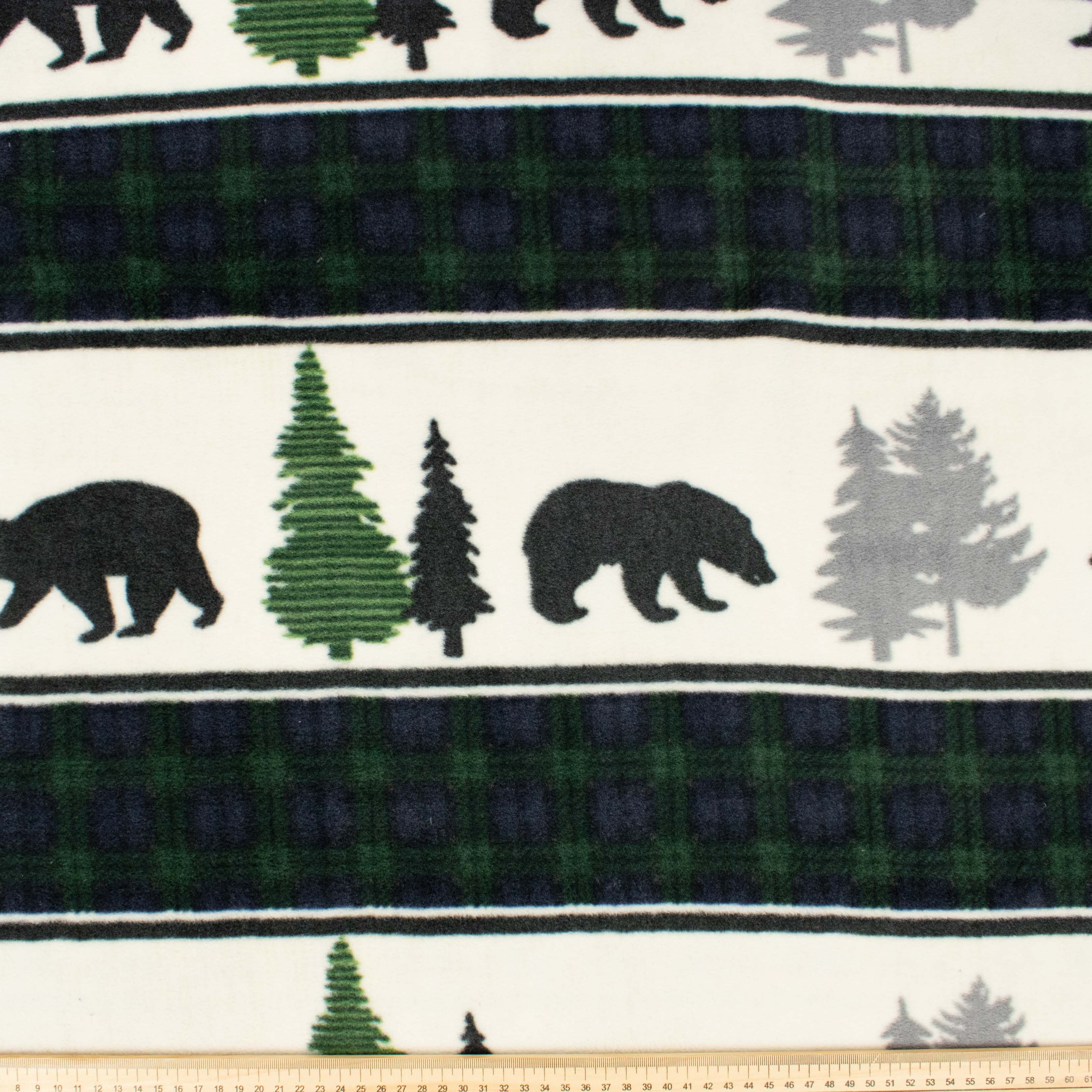 Forest Bears & Green Check Stripes Printed Polar Fleece Design-A35