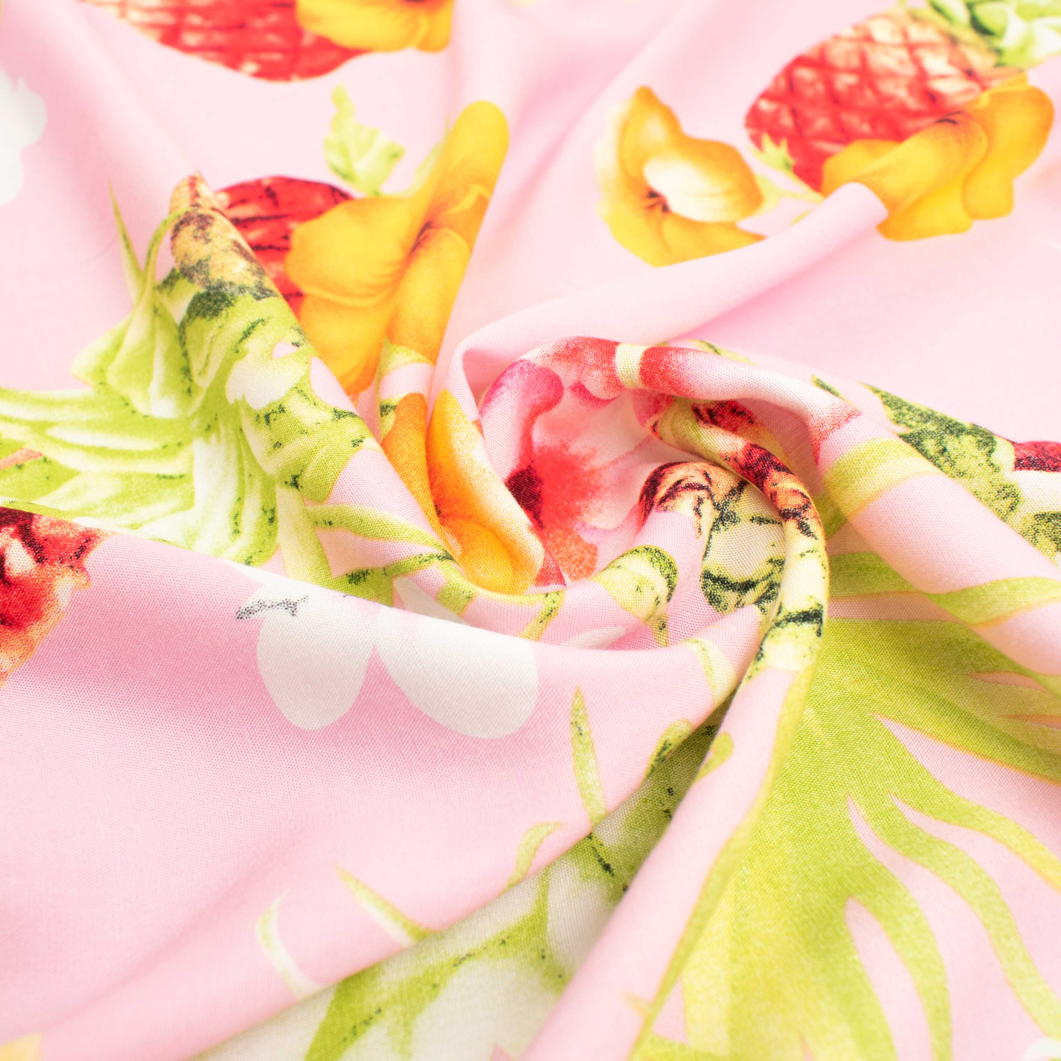 Printed Rayon Design-20 Yellow Flowers & Pineapple on Baby Pink