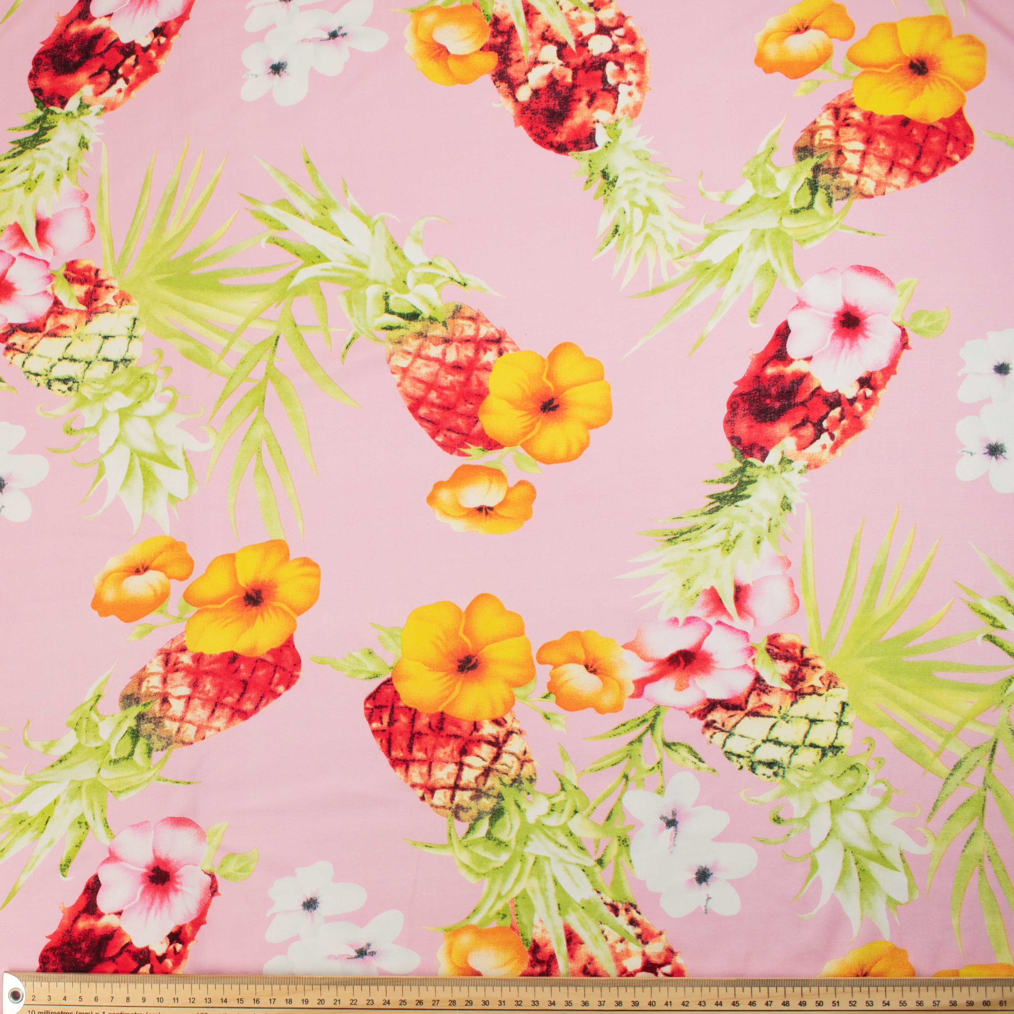 Printed Rayon Design-20 Yellow Flowers & Pineapple on Baby Pink