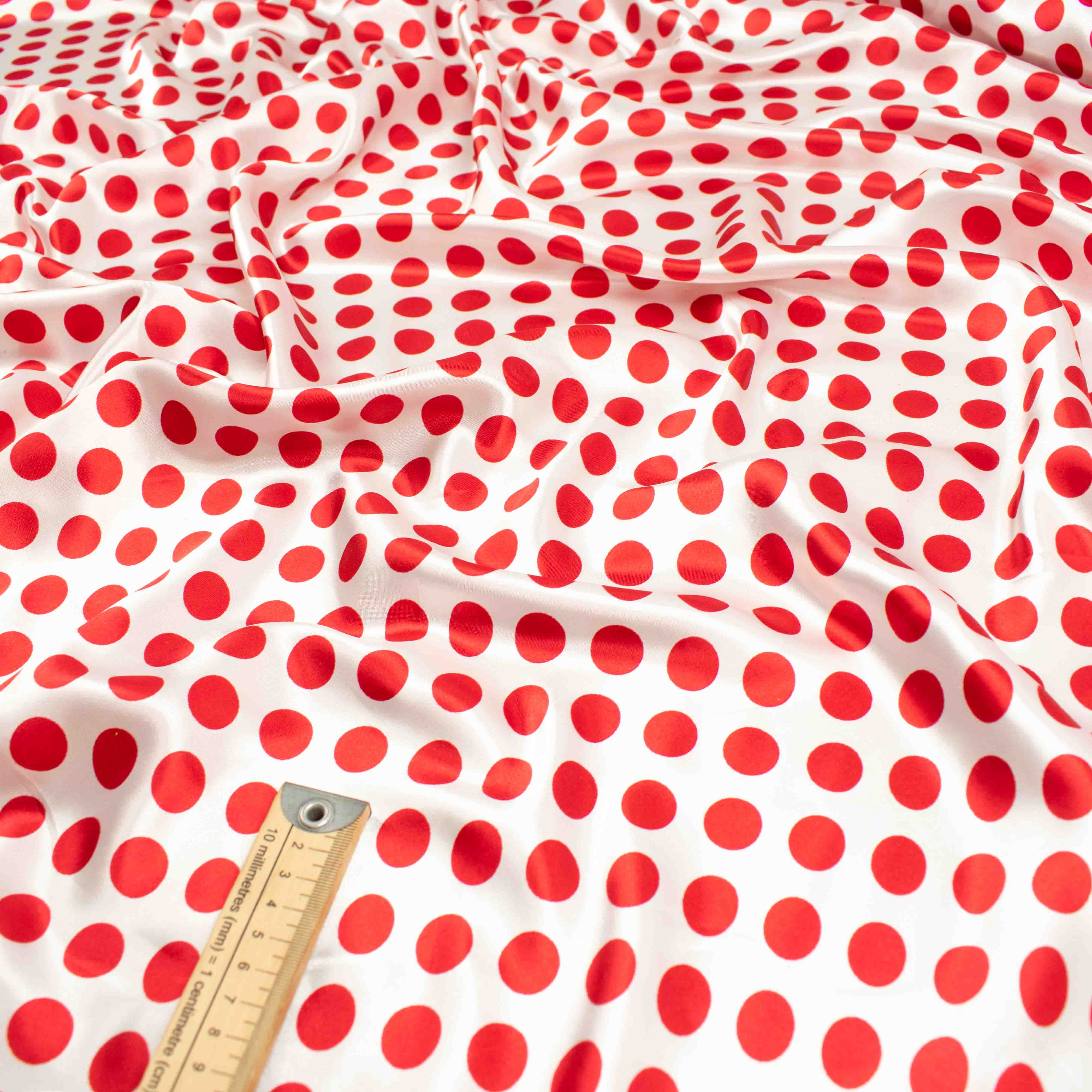 Printed Satin Design-12 Red Dots on White
