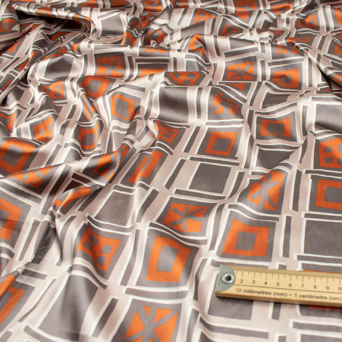 Printed Satin Design-32 Orange & Grey Squares on Beige