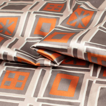 Printed Satin Design-32 Orange & Grey Squares on Beige