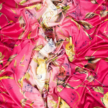 Printed Satin Design-4 Yellow & Red Flower Vines on Pink Shaded