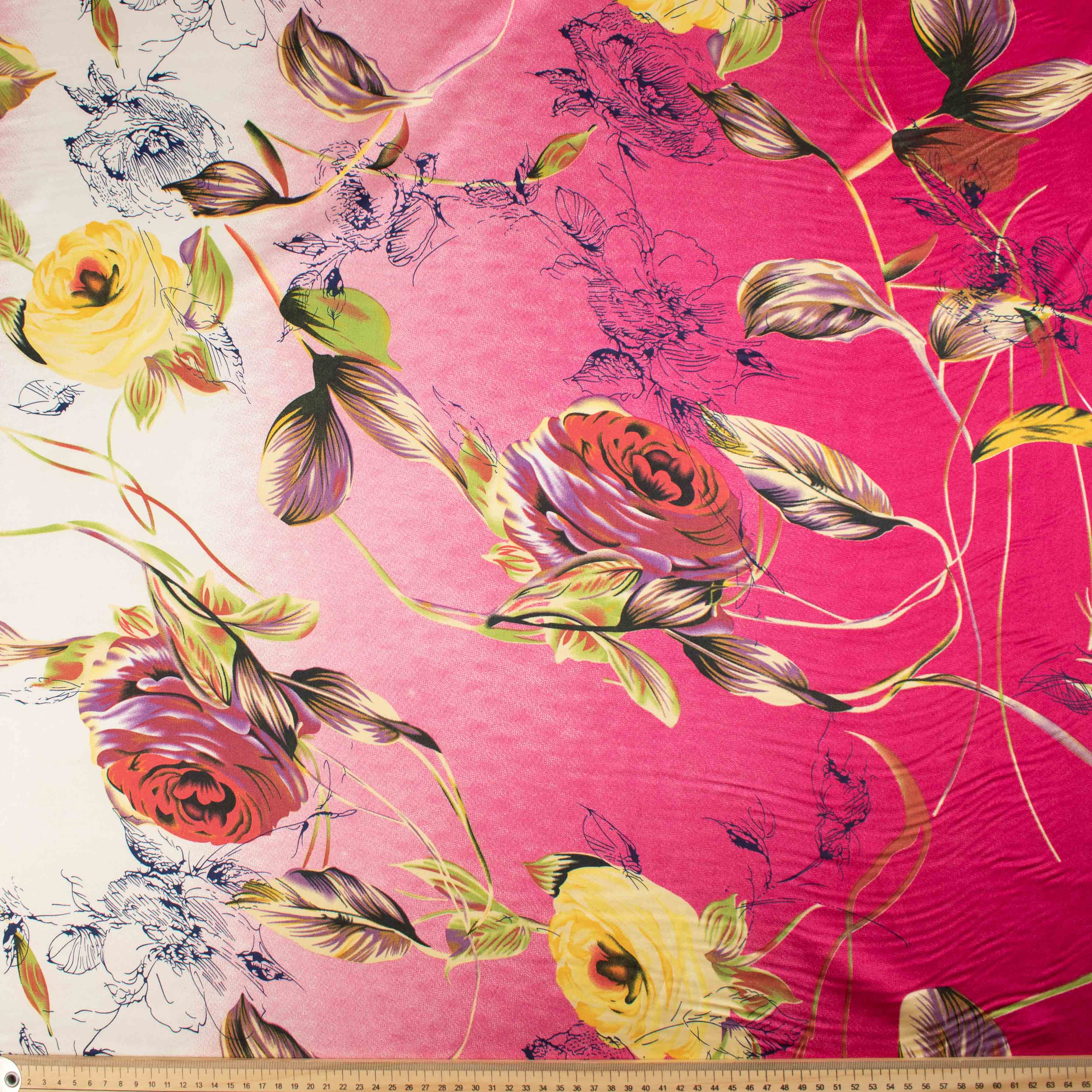 Printed Satin Design-4 Yellow & Red Flower Vines on Pink Shaded