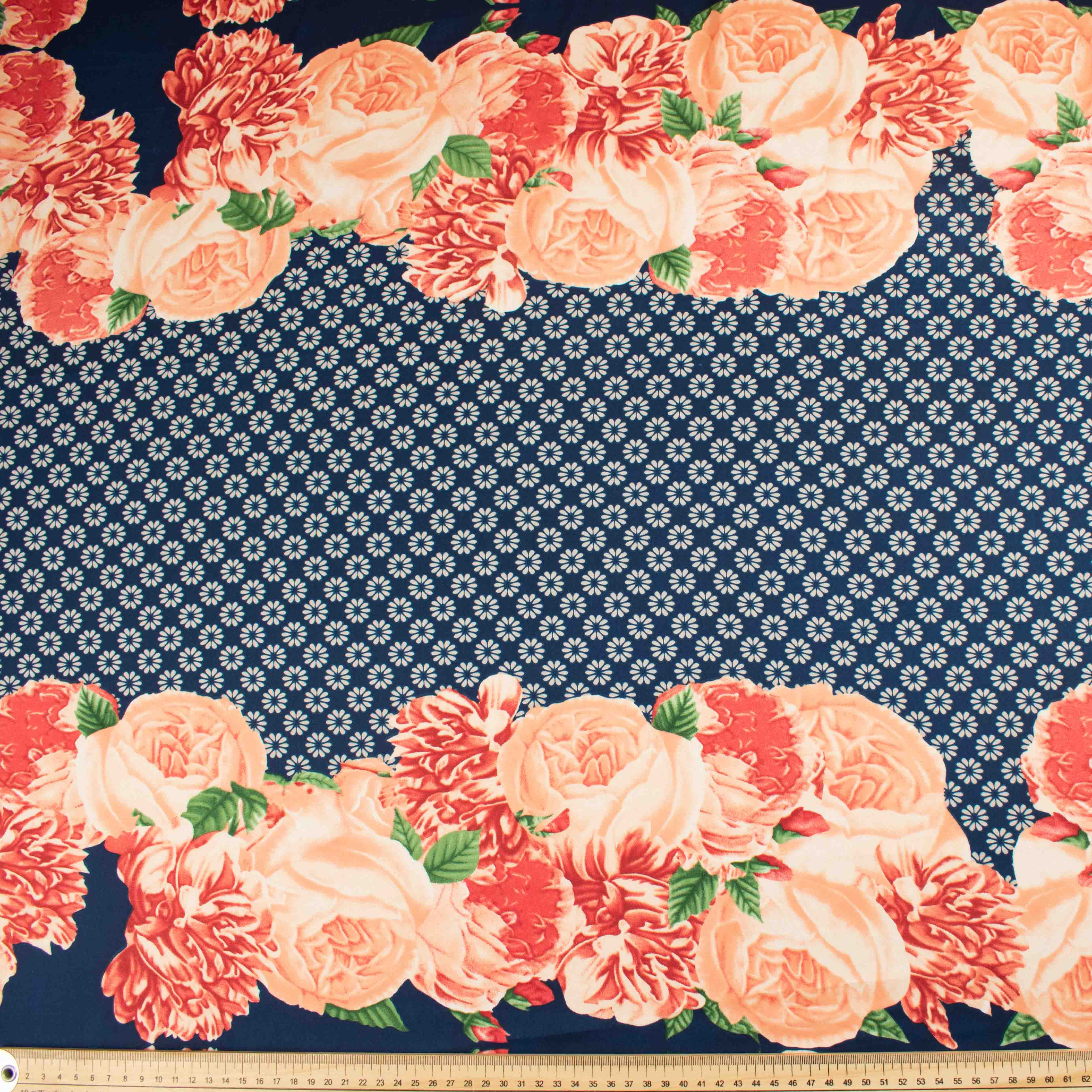 Amarylis Printed Satin Design-45 Border Coral Flowers on Navy