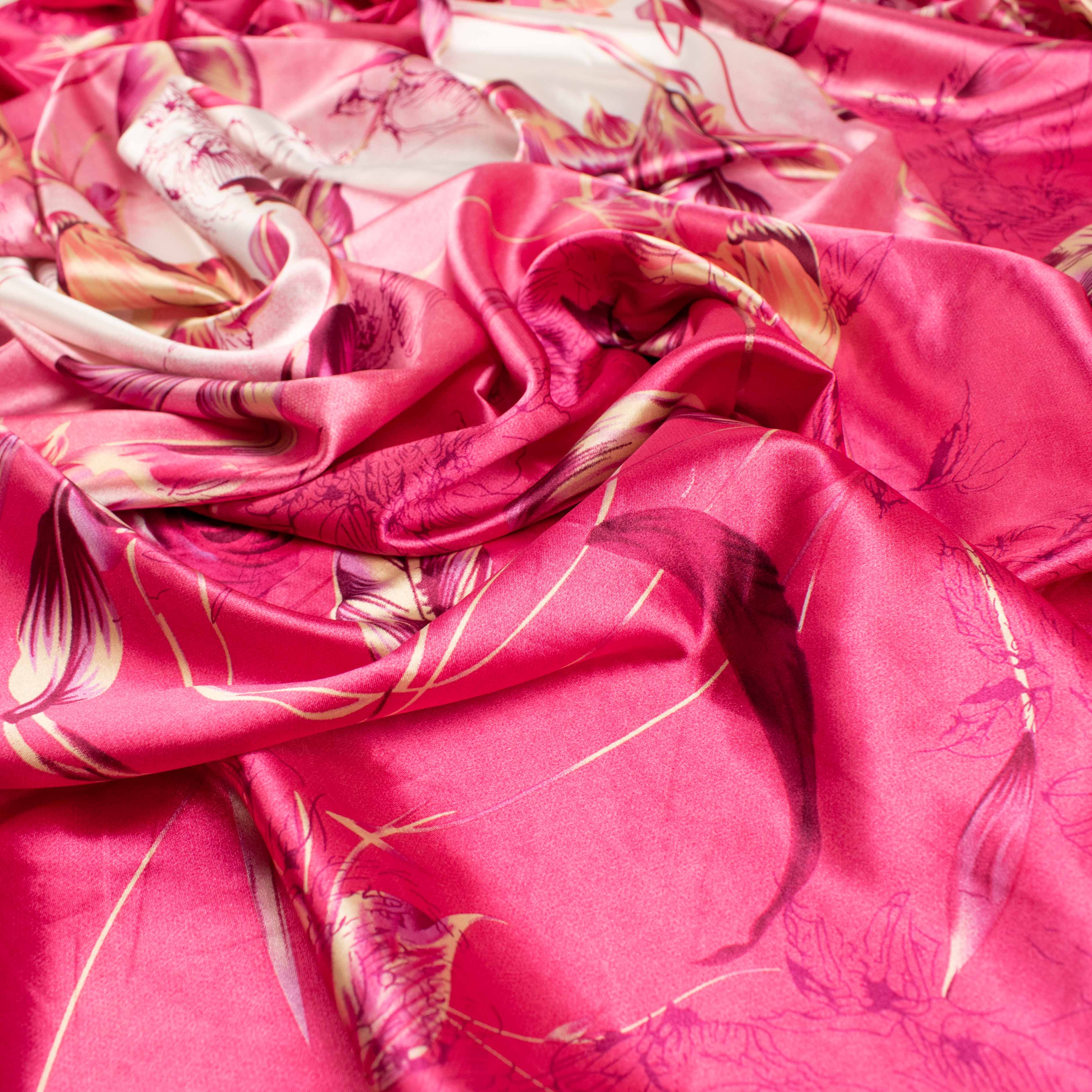 Printed Satin Design-5 Yellow Flower Vines on Pink Shaded