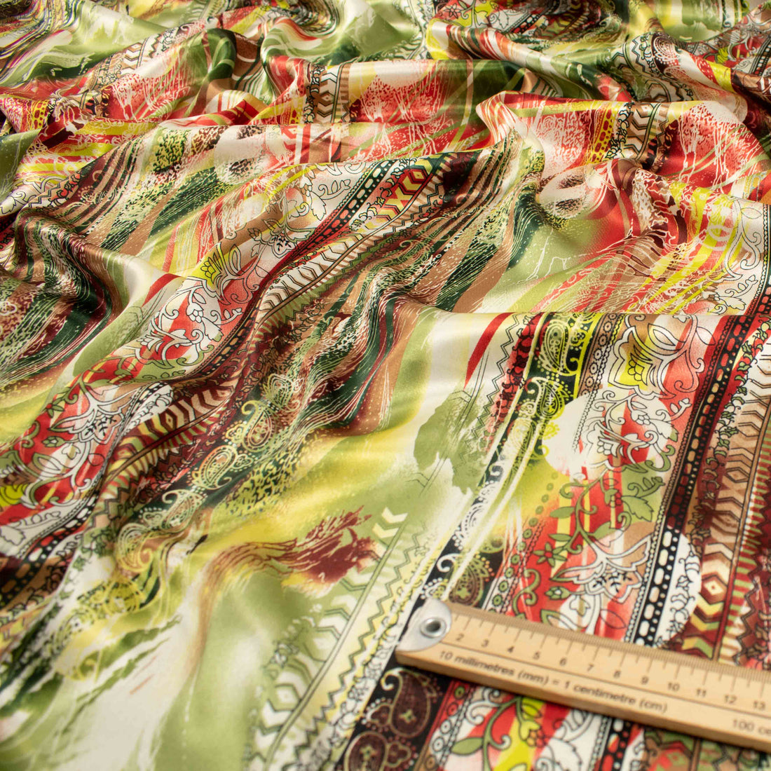 Printed Satin Design-54 Red & Green Abstract