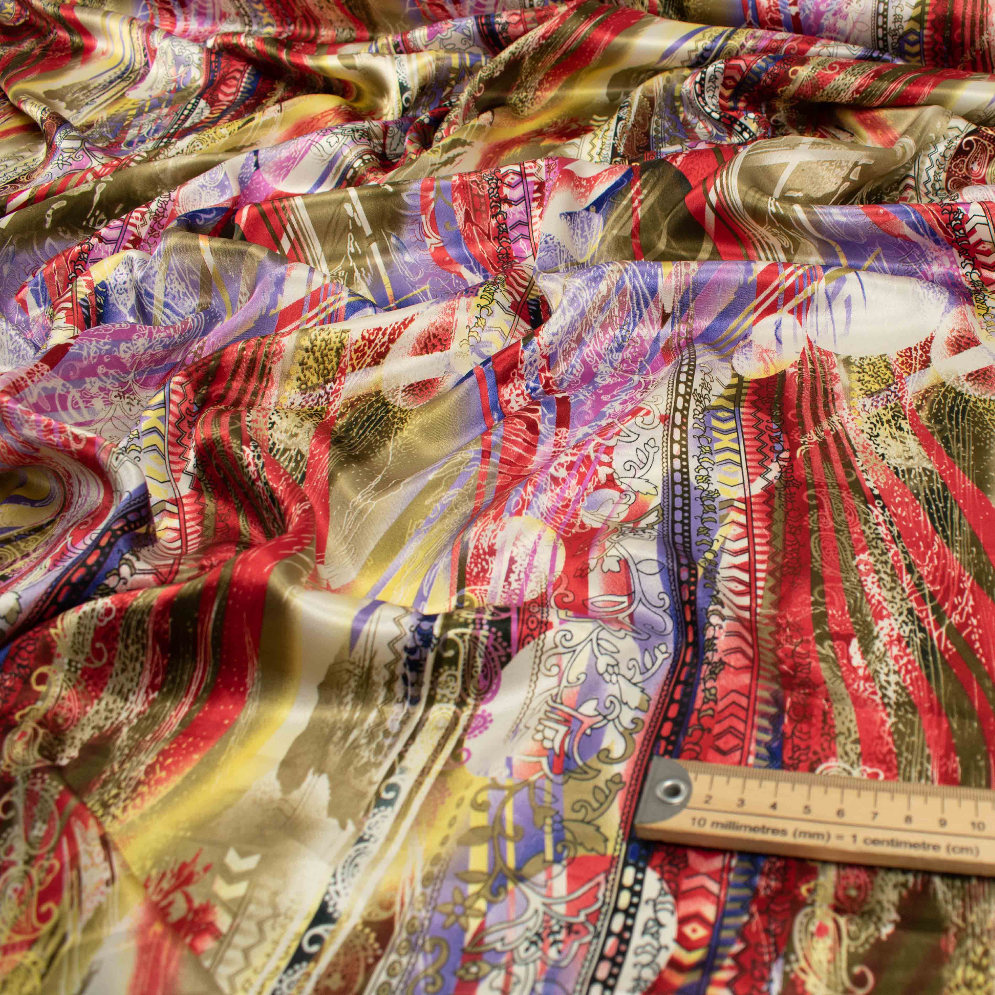 Printed Satin Design-55 Red, Purple & Gold Abstract