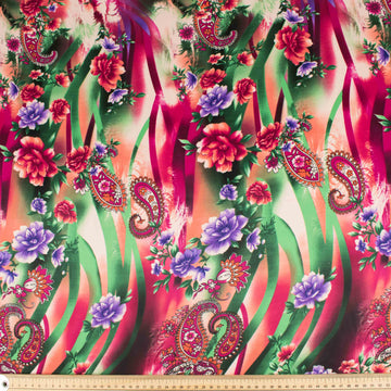 Printed Satin Design-61 Purple Flowers & Hot Pink Paisley