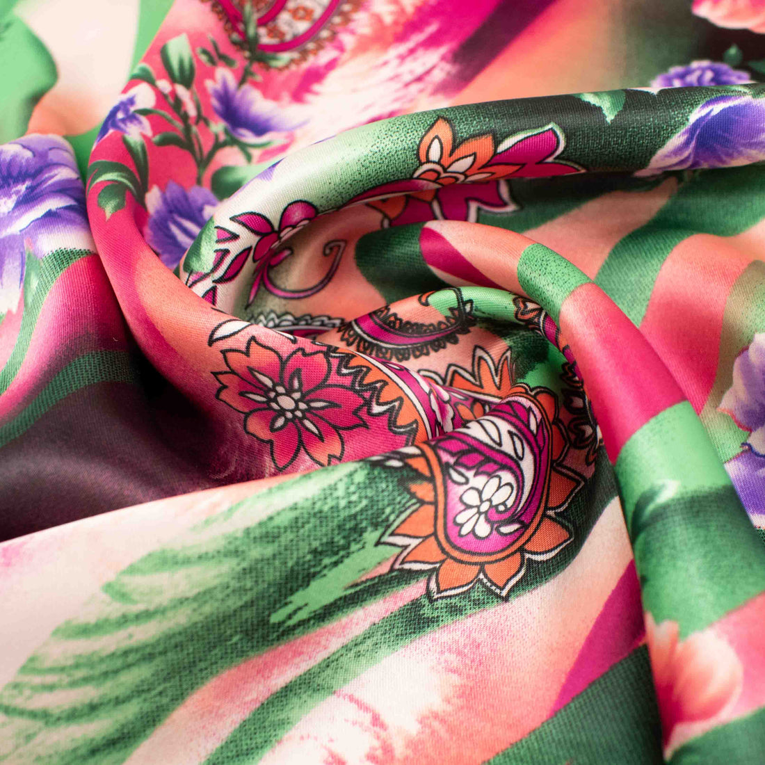 Printed Satin Design-61 Purple Flowers & Hot Pink Paisley