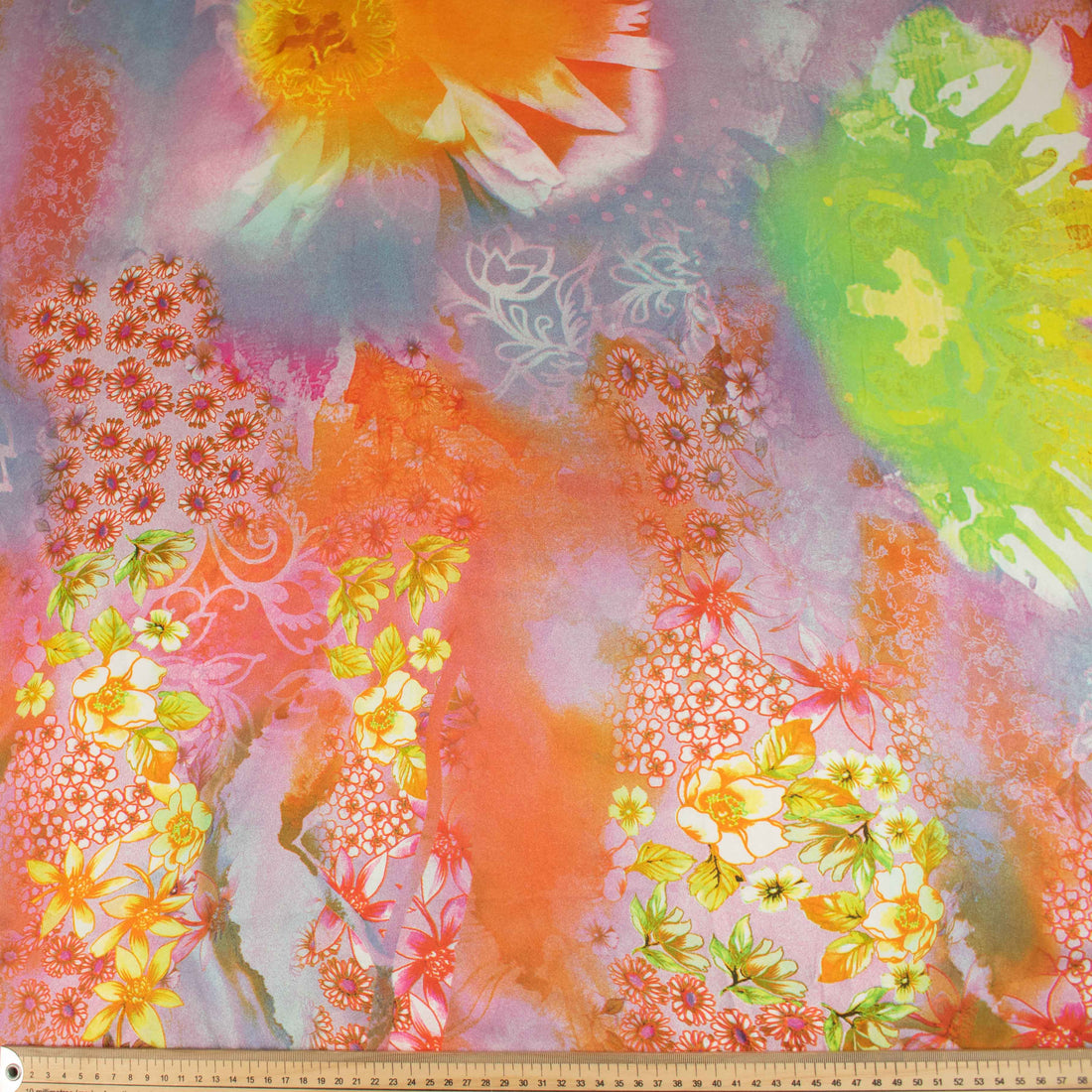 Printed Satin Design-63 Yellow Florals on Orange