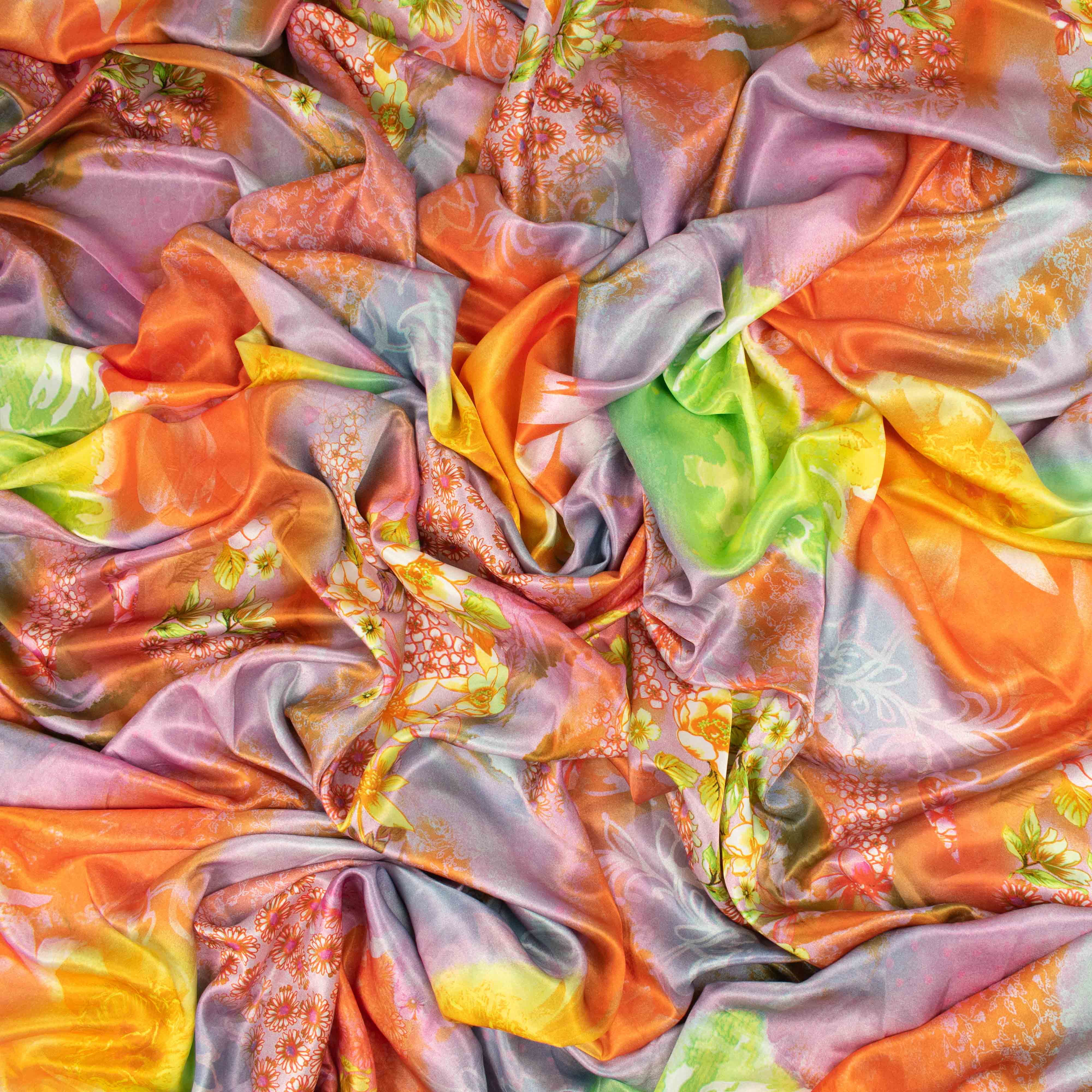 Printed Satin Design-63 Yellow Florals on Orange