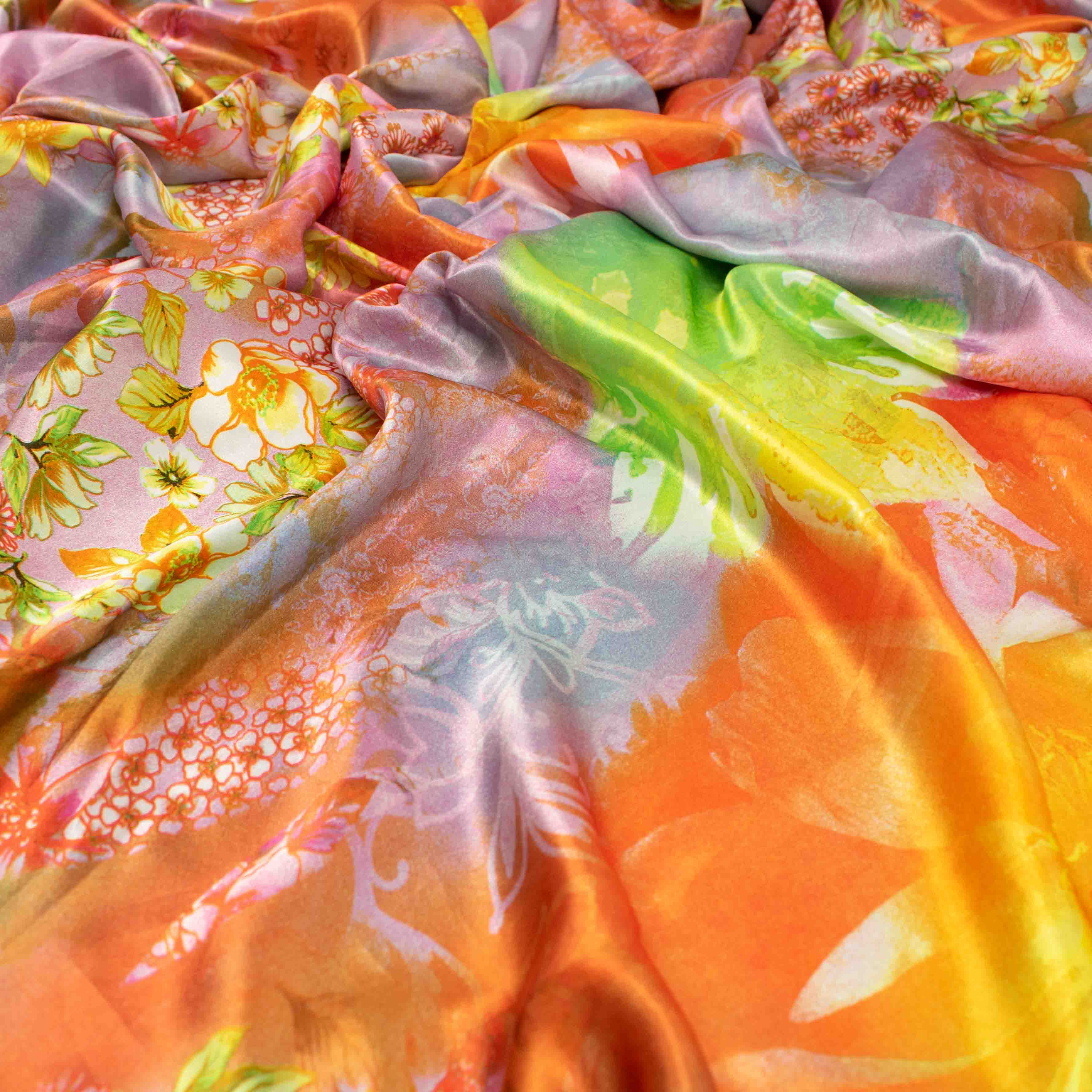 Printed Satin Design-63 Yellow Florals on Orange