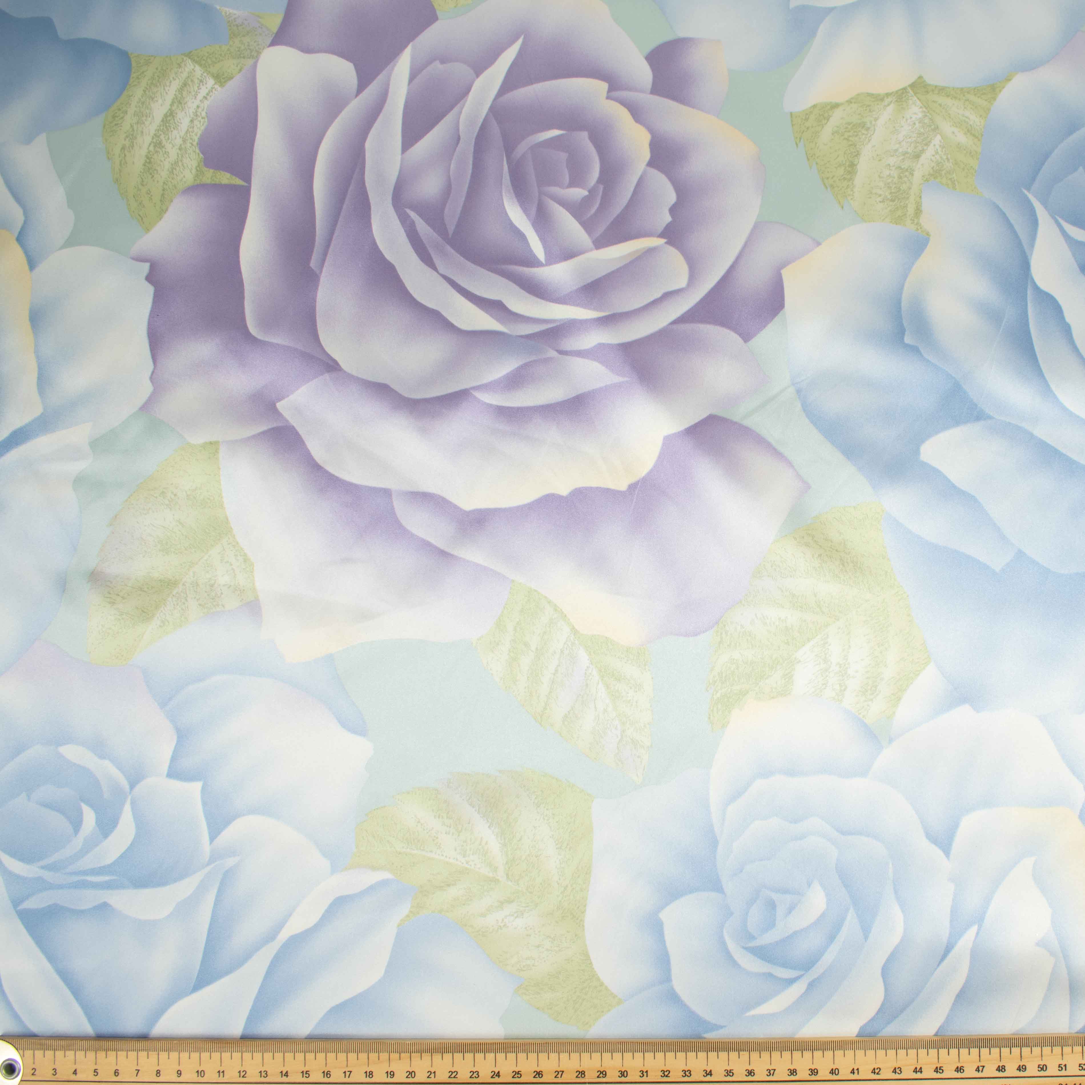 Printed Satin Design-66 Light Blue & Lilac Large Flowers