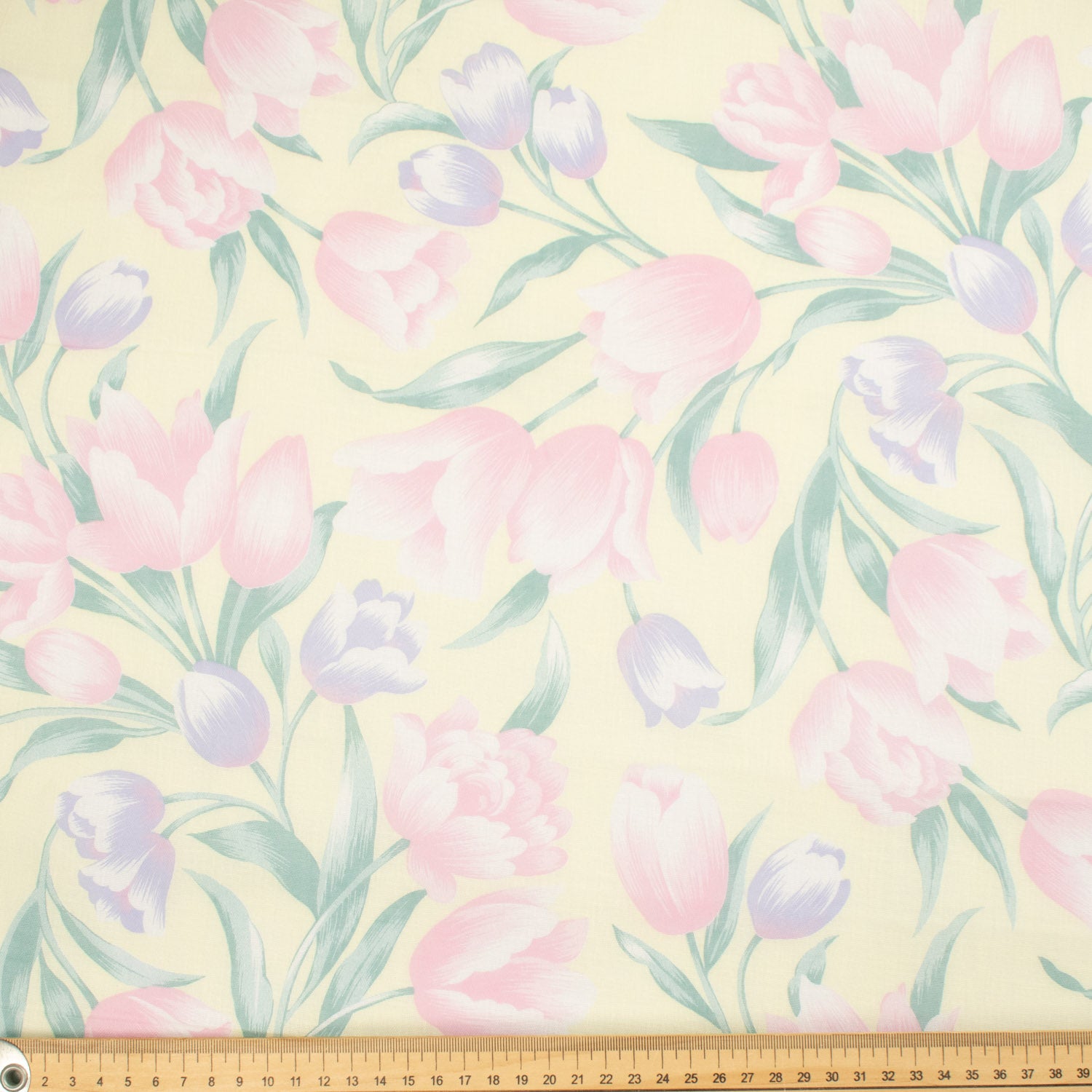 Printed Cotton Voile Design-64 Pink & Purple Tulips Flower on Pale Yellow