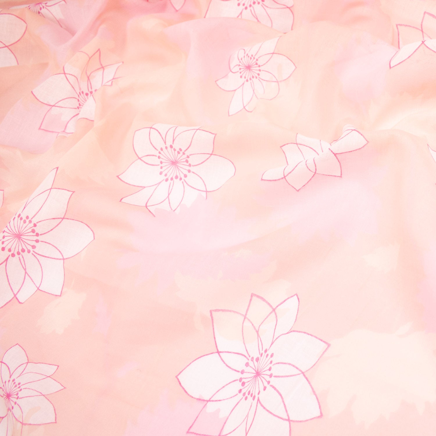 Printed Cotton Voile Design-7 Big White Flowers on Coral Pink
