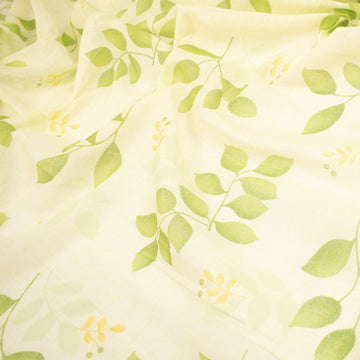 Printed Cotton Voile Design-36 Green Leaves on Light Yellow