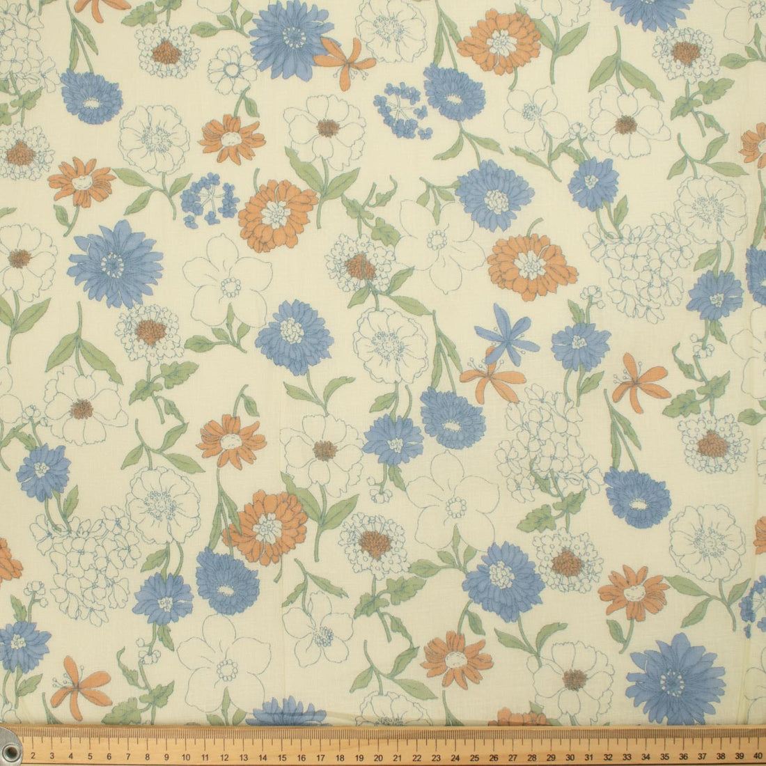 Printed Cotton Voile Design-65 Blue & Orange Florals on Light Yellow