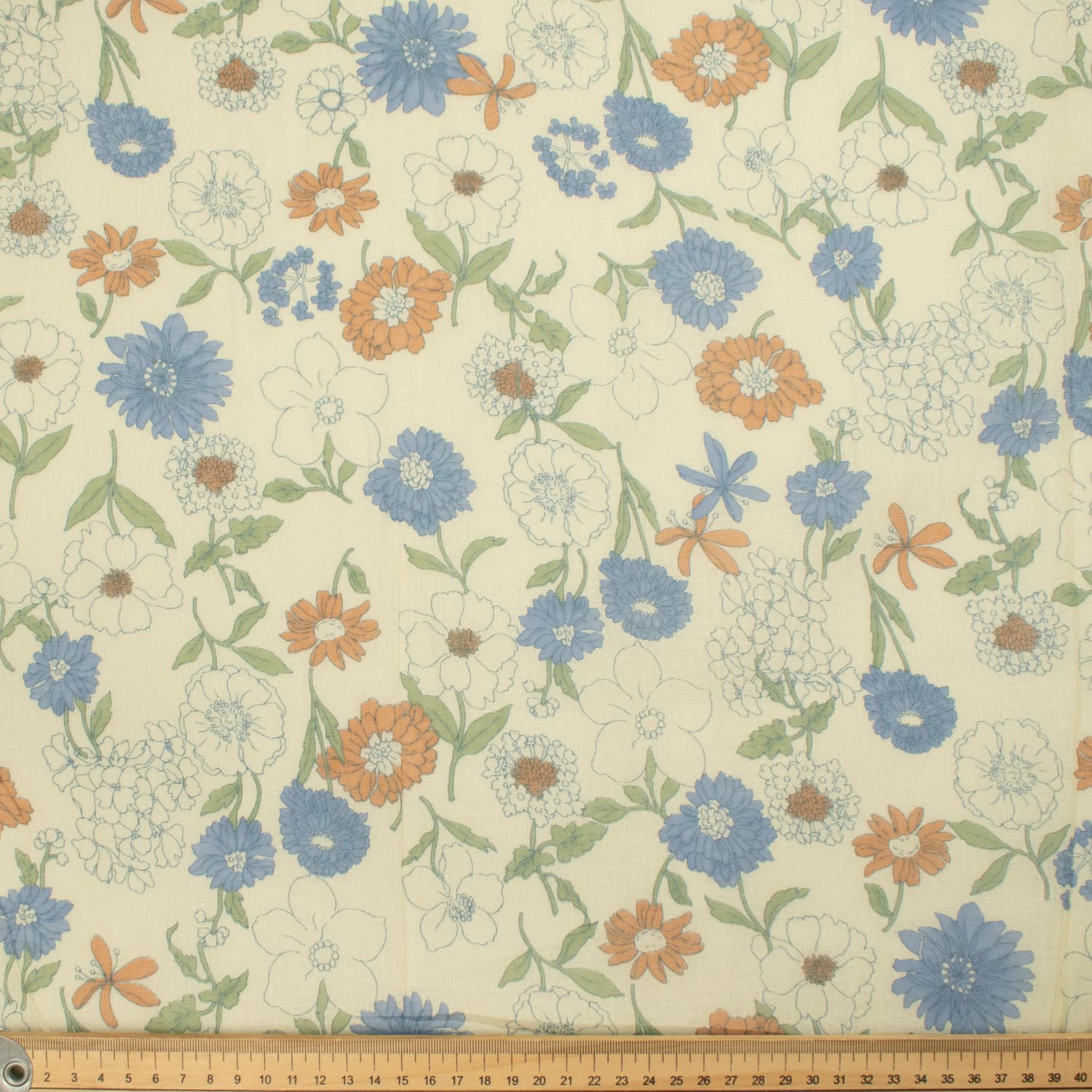 Printed Cotton Voile Design-65 Blue & Orange Florals on Light Yellow