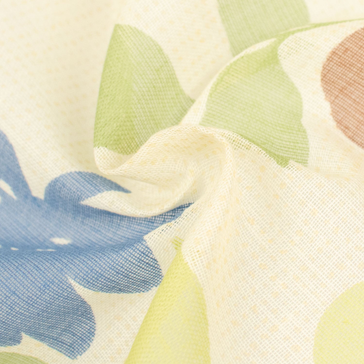 Printed Cotton Voile Design-10 Brown, Blue & Green Leaves on Cream