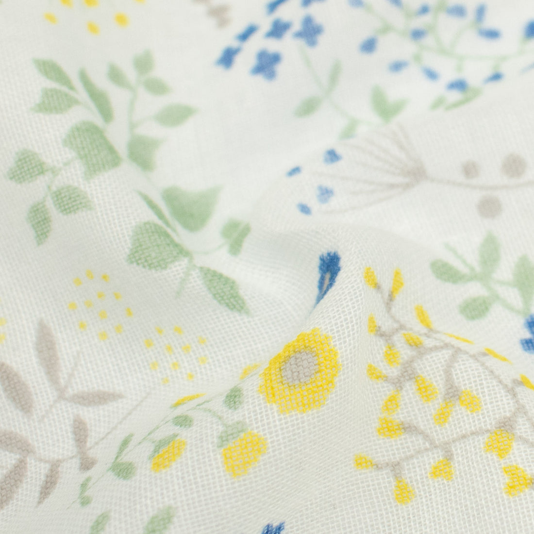 Printed Cotton Voile Design-15 Yellow Small Florals & Green Leaves on Ivory