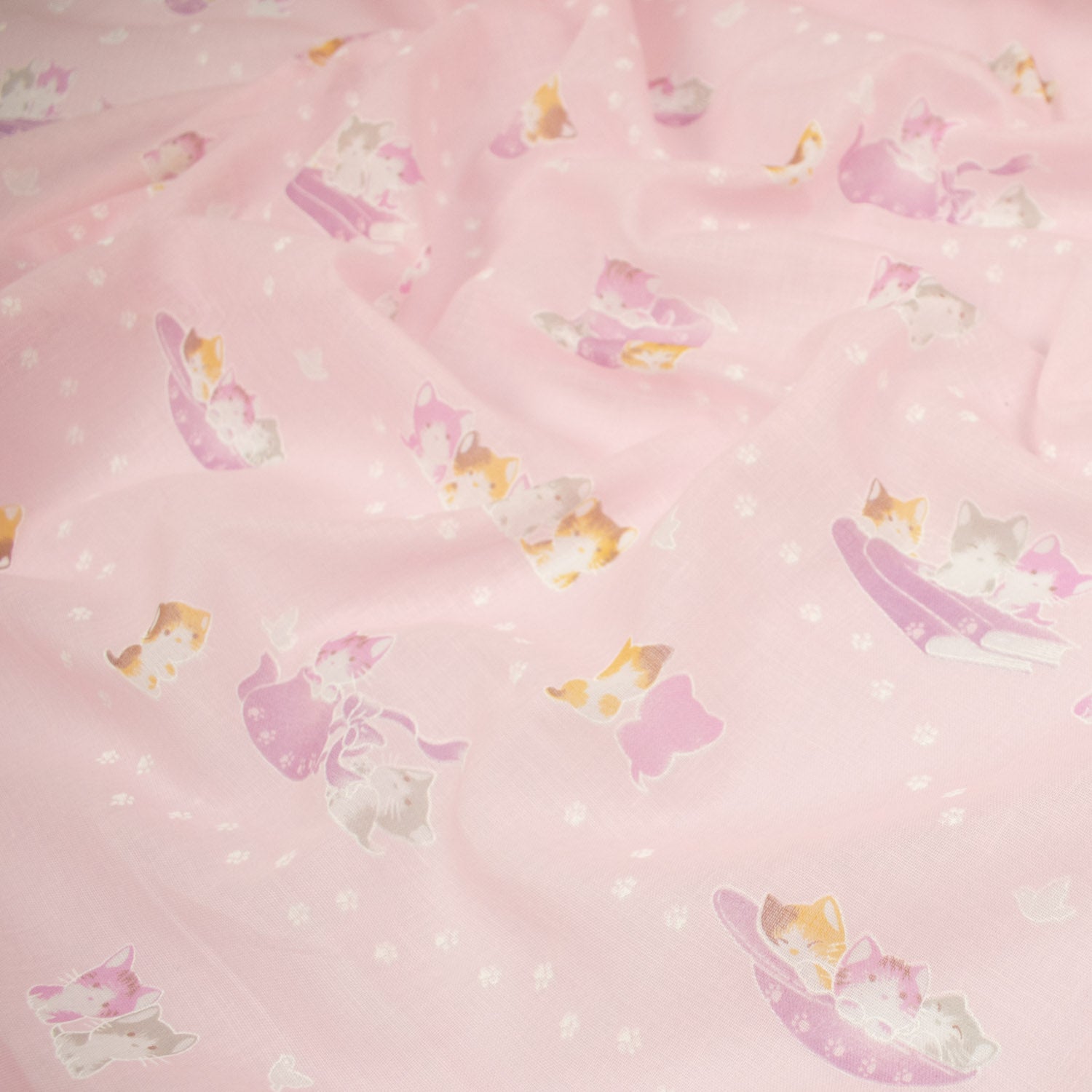 Printed Cotton Voile Design-31 Happy Kitties & Paws on Baby Pink
