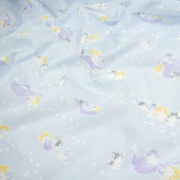 Printed Cotton Voile Design-32 Happy Kitties & Paws on Sky Blue