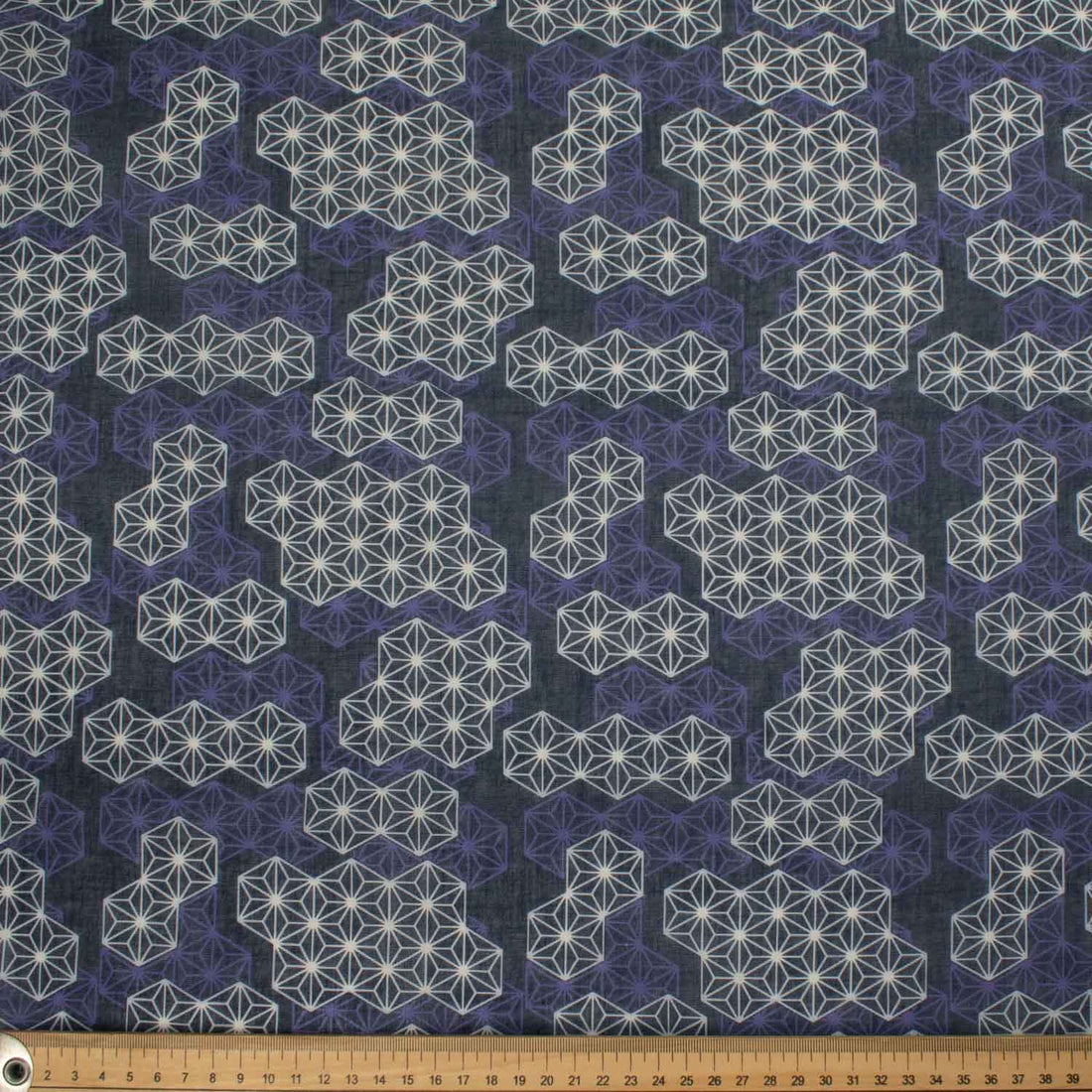 Printed Cotton Voile Design-21 White & Purple Geometric on Dark Navy