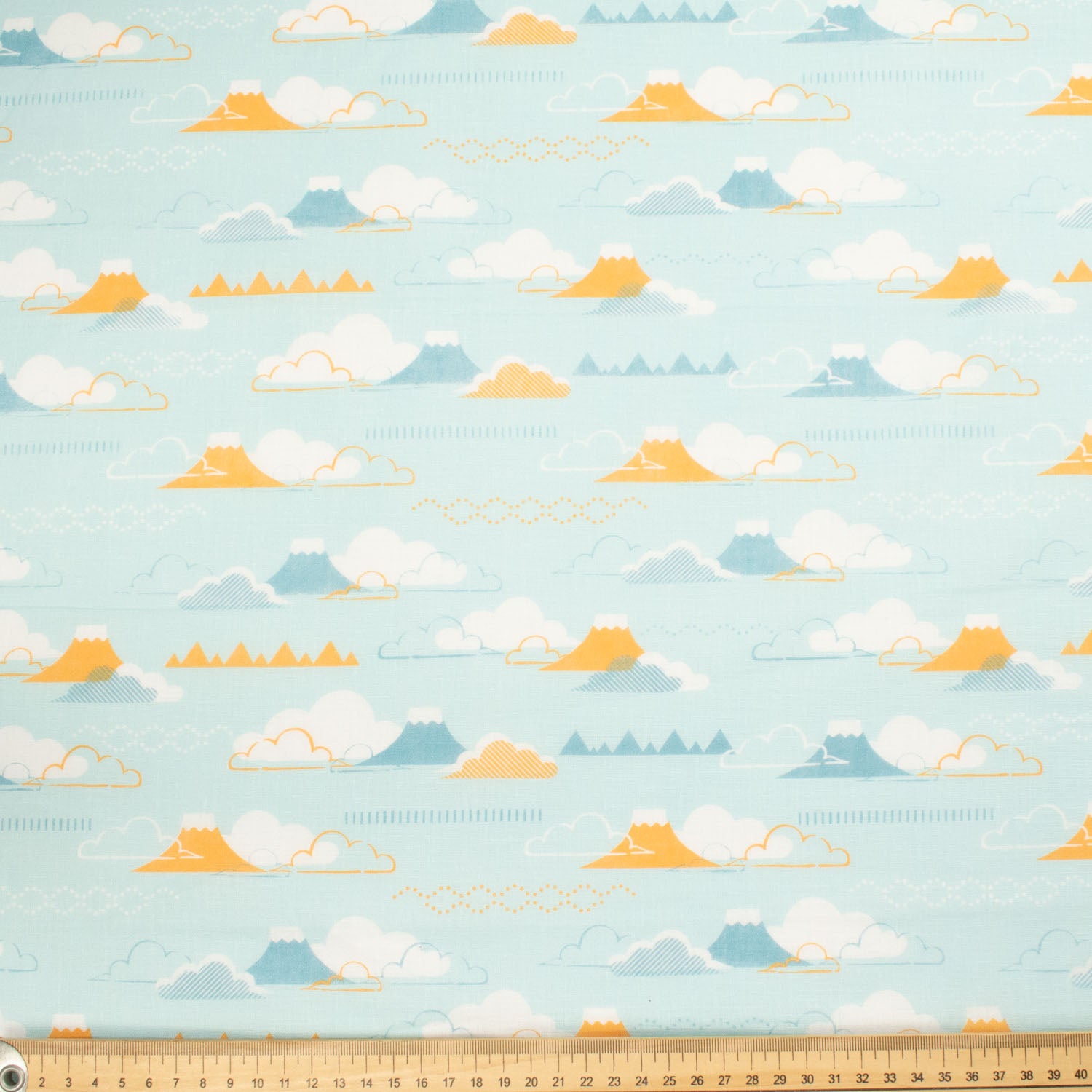 Printed Cotton Voile Design-33 Yellow Mountain & White Cloud on Baby Blue