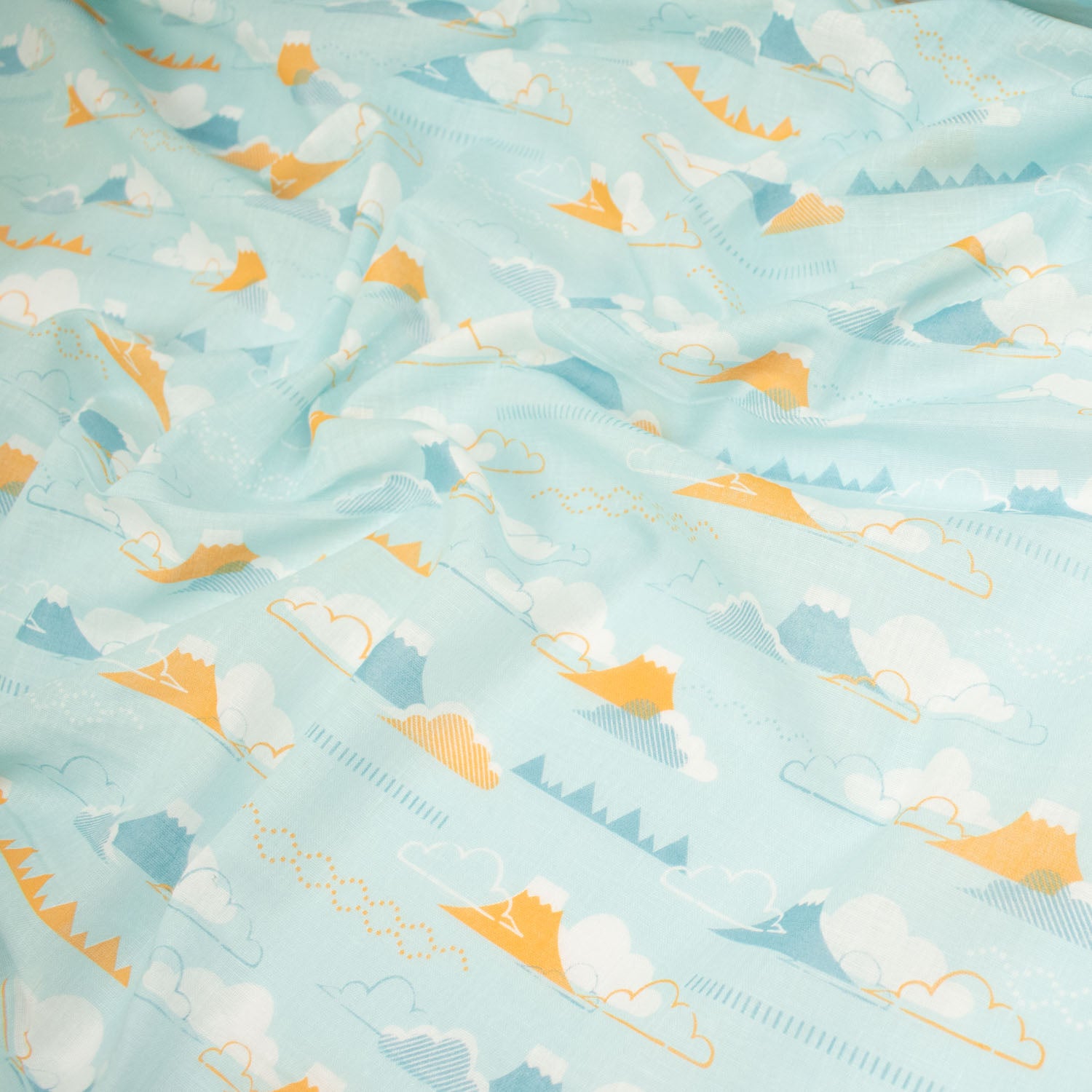 Printed Cotton Voile Design-33 Yellow Mountain & White Cloud on Baby Blue