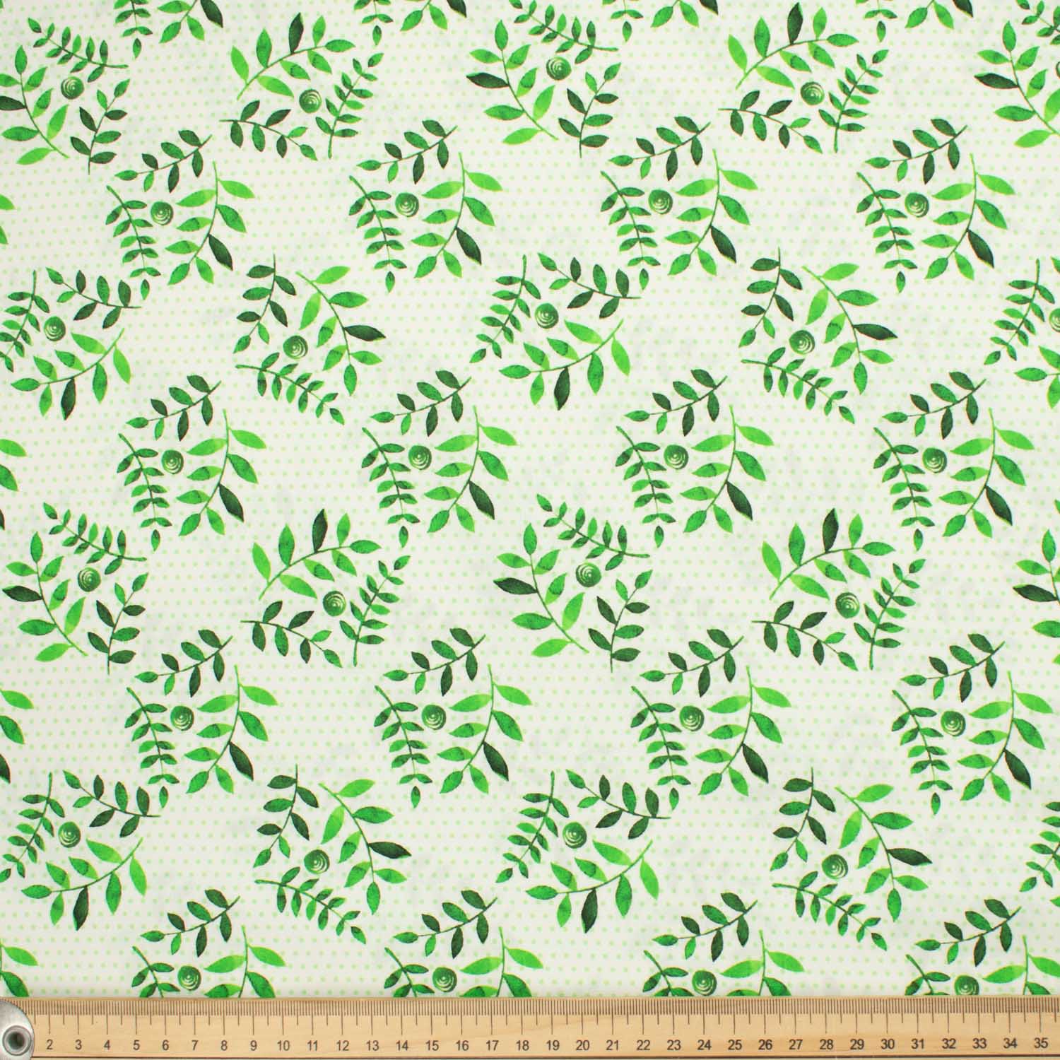 Provence Collection #08 Green Leaves & Micro Dot on White Cotton Prints